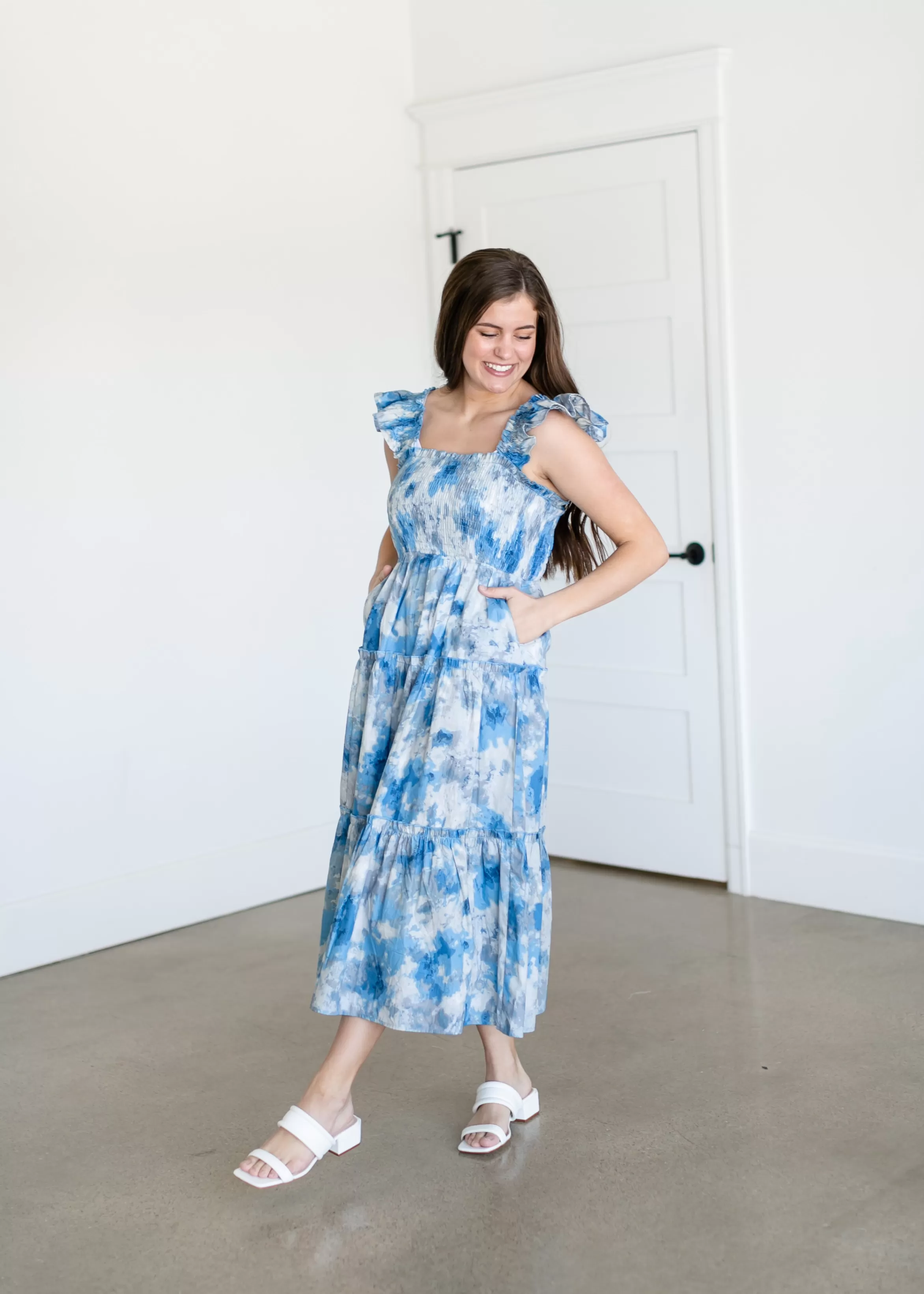 Pinch Blue And Gray Watercolor Midi Dress Hot