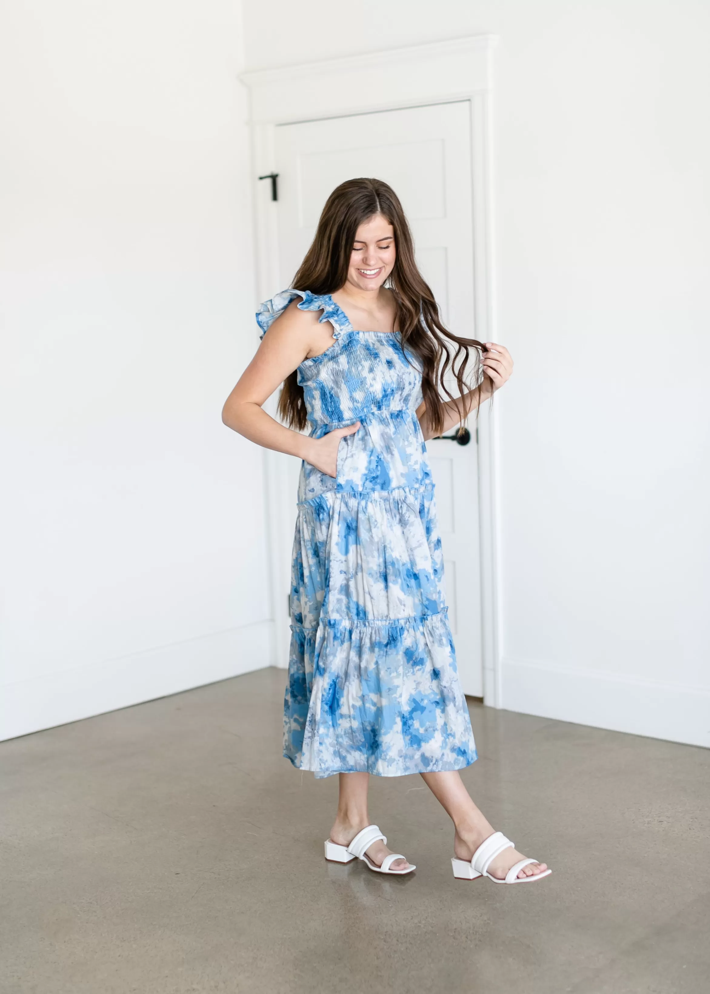 Pinch Blue And Gray Watercolor Midi Dress Hot