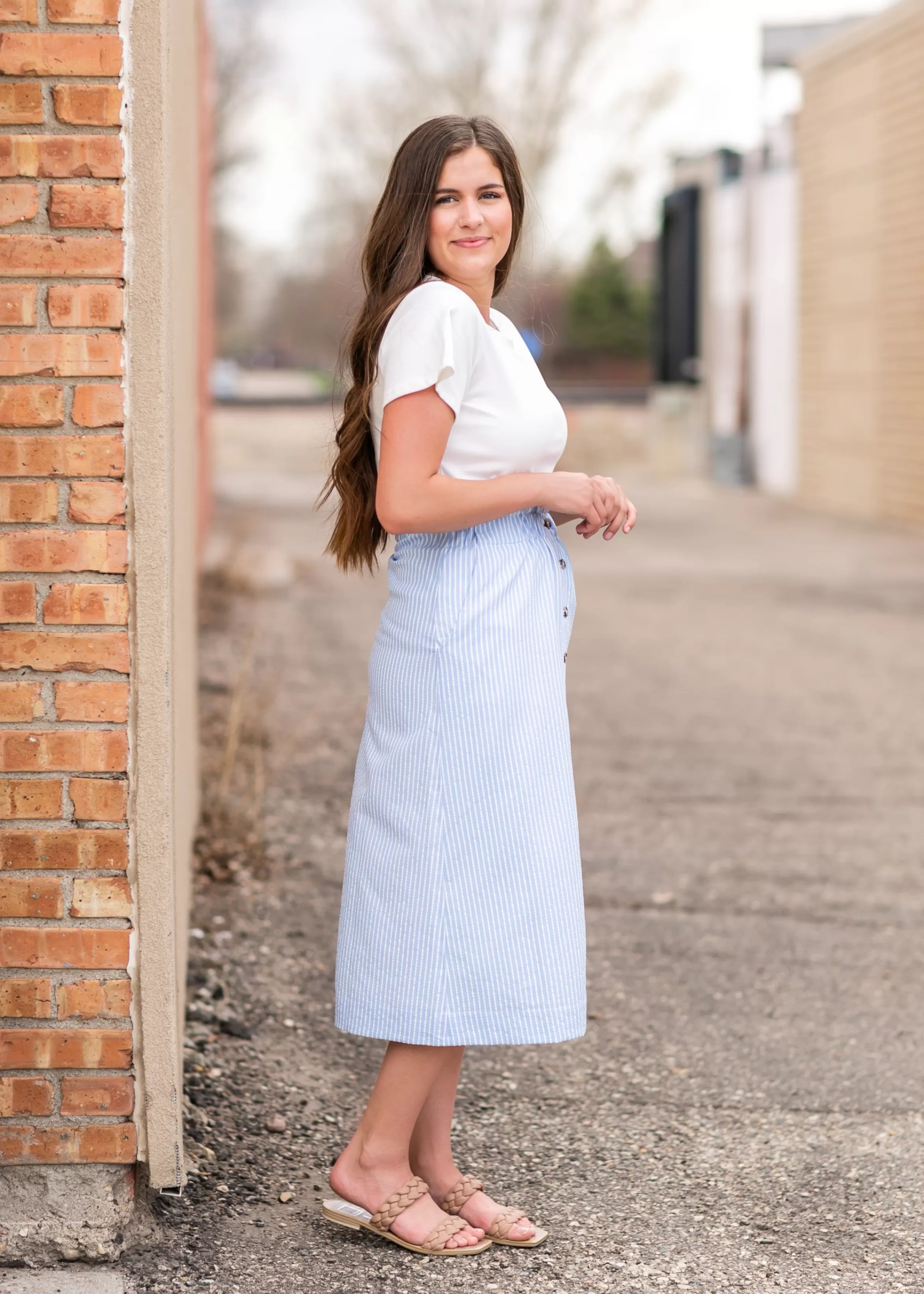 Wishlist Button Front Blue Striped Midi Skirt Best Sale