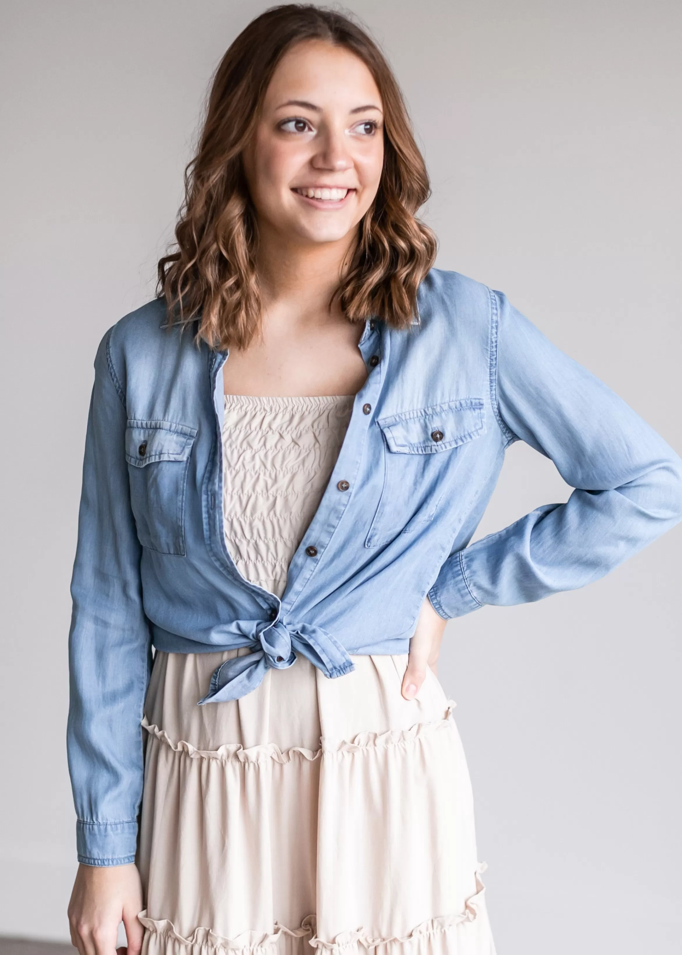 Love Tree Chambray Long Sleeve Button Down Shirt Shop