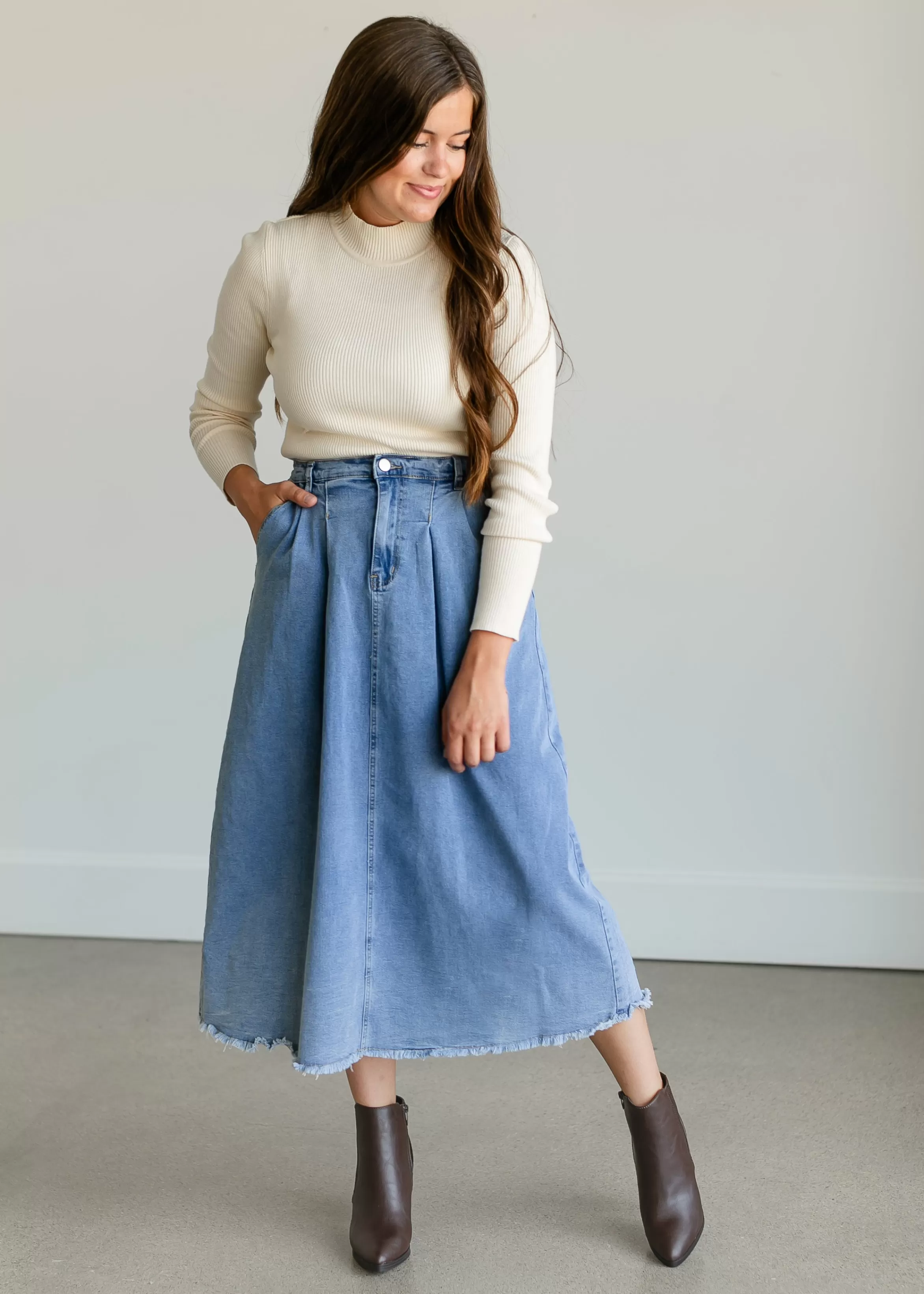 Polagram + BaeVely Denim A-Line Raw Hem Maxi Skirt Best