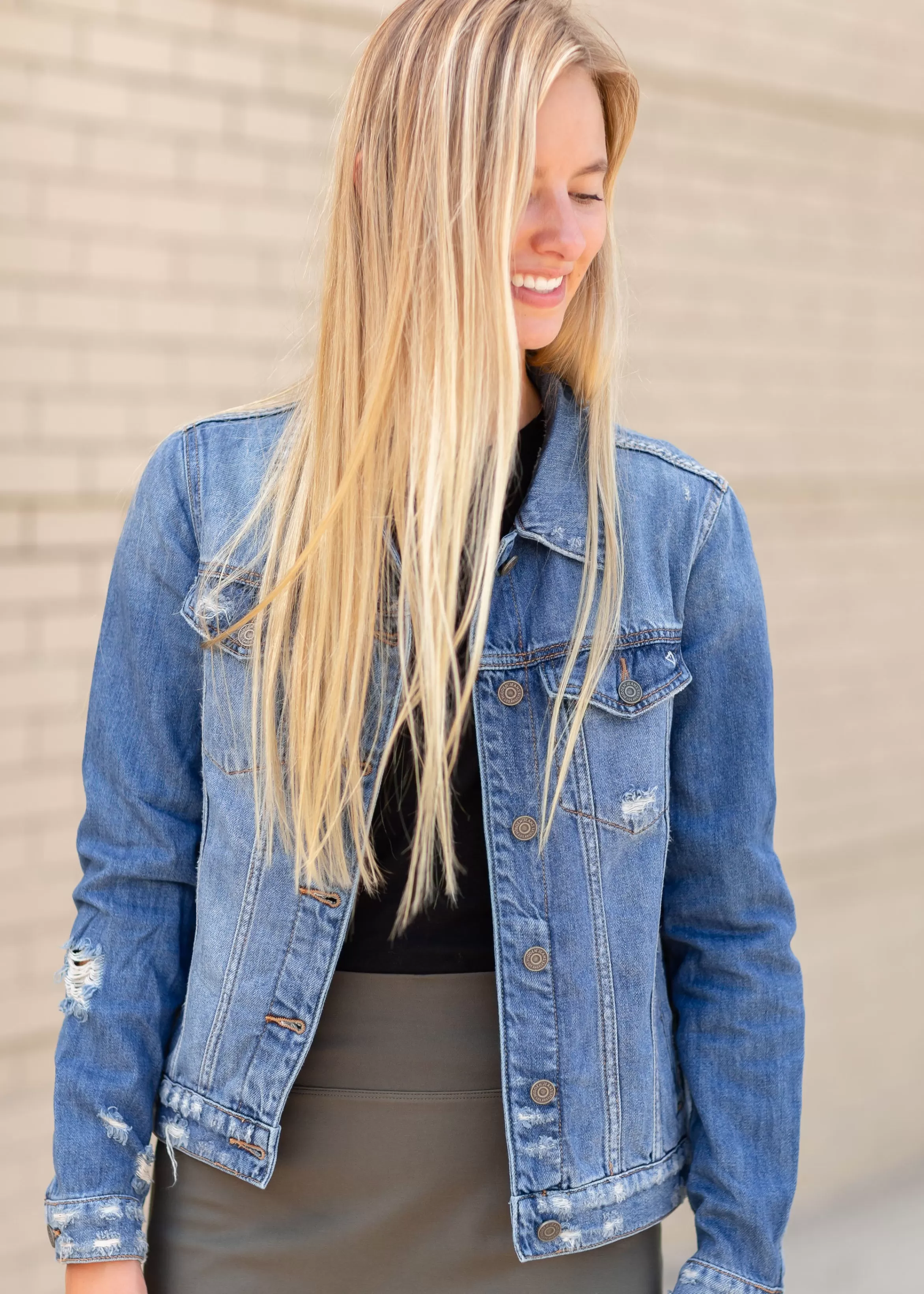 Hidden Distressed Wash Denim Jean Jacket Flash Sale