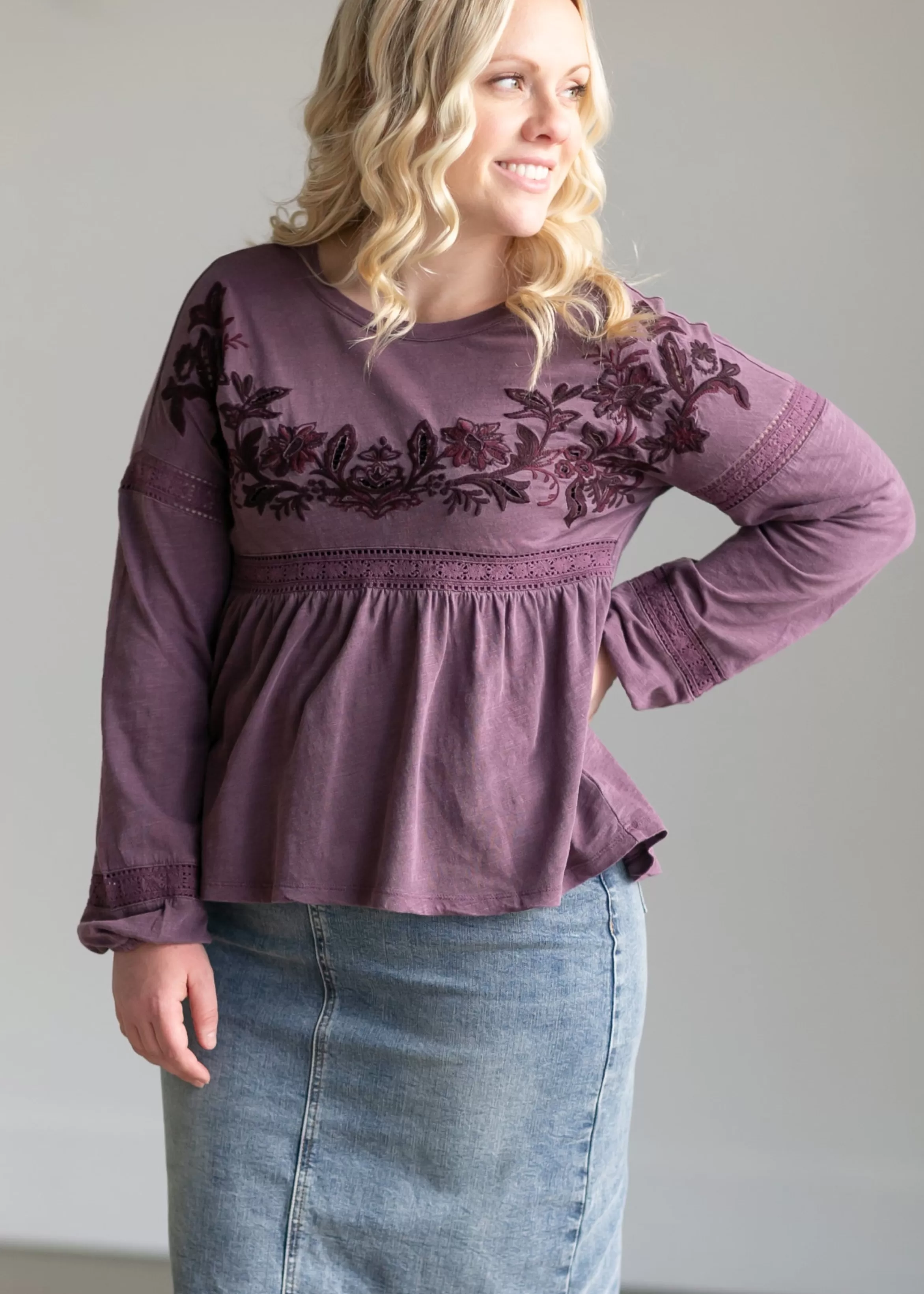 Lucky Brand Embroidered Long Sleeve Babydoll Top Cheap