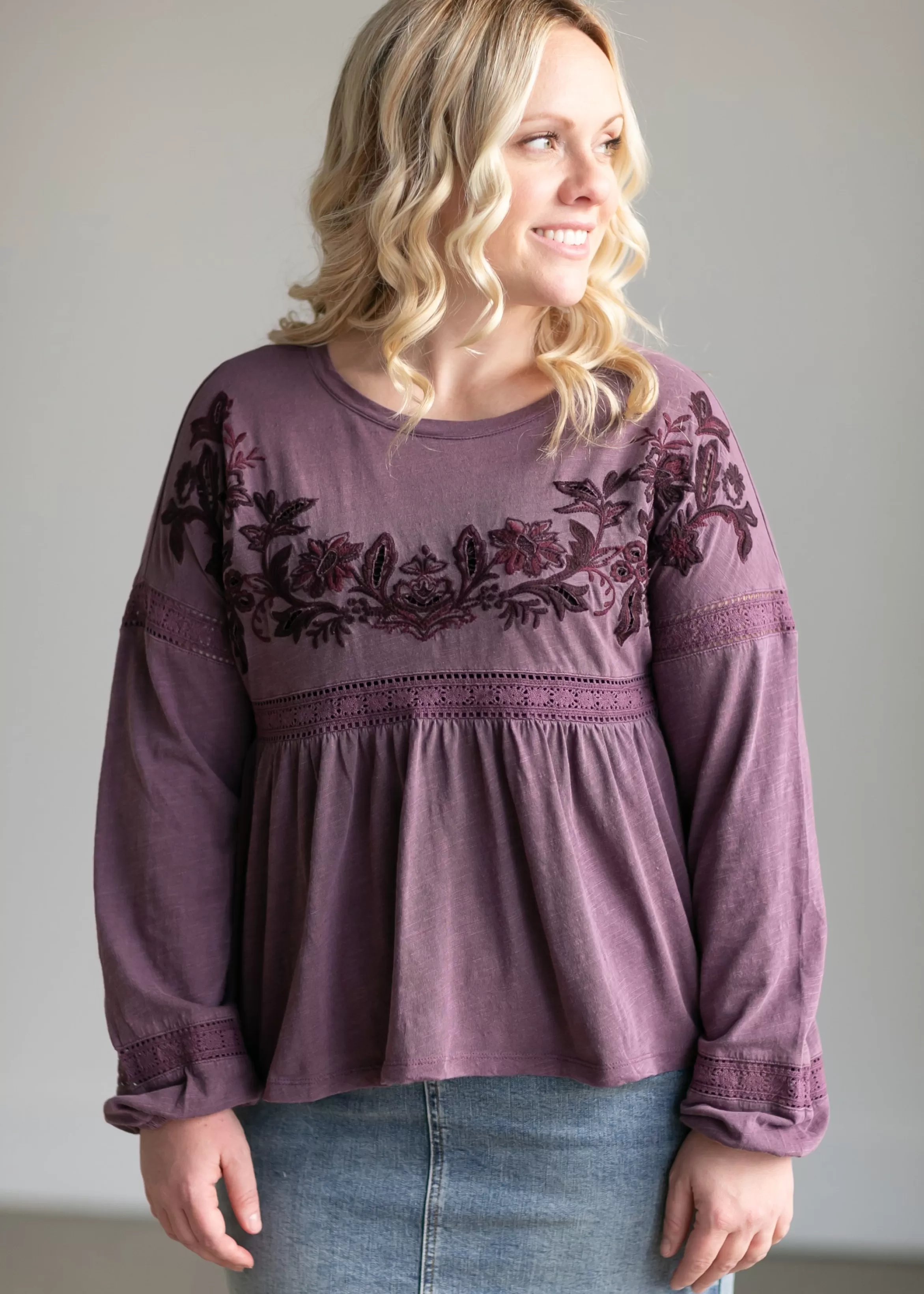 Lucky Brand Embroidered Long Sleeve Babydoll Top Cheap