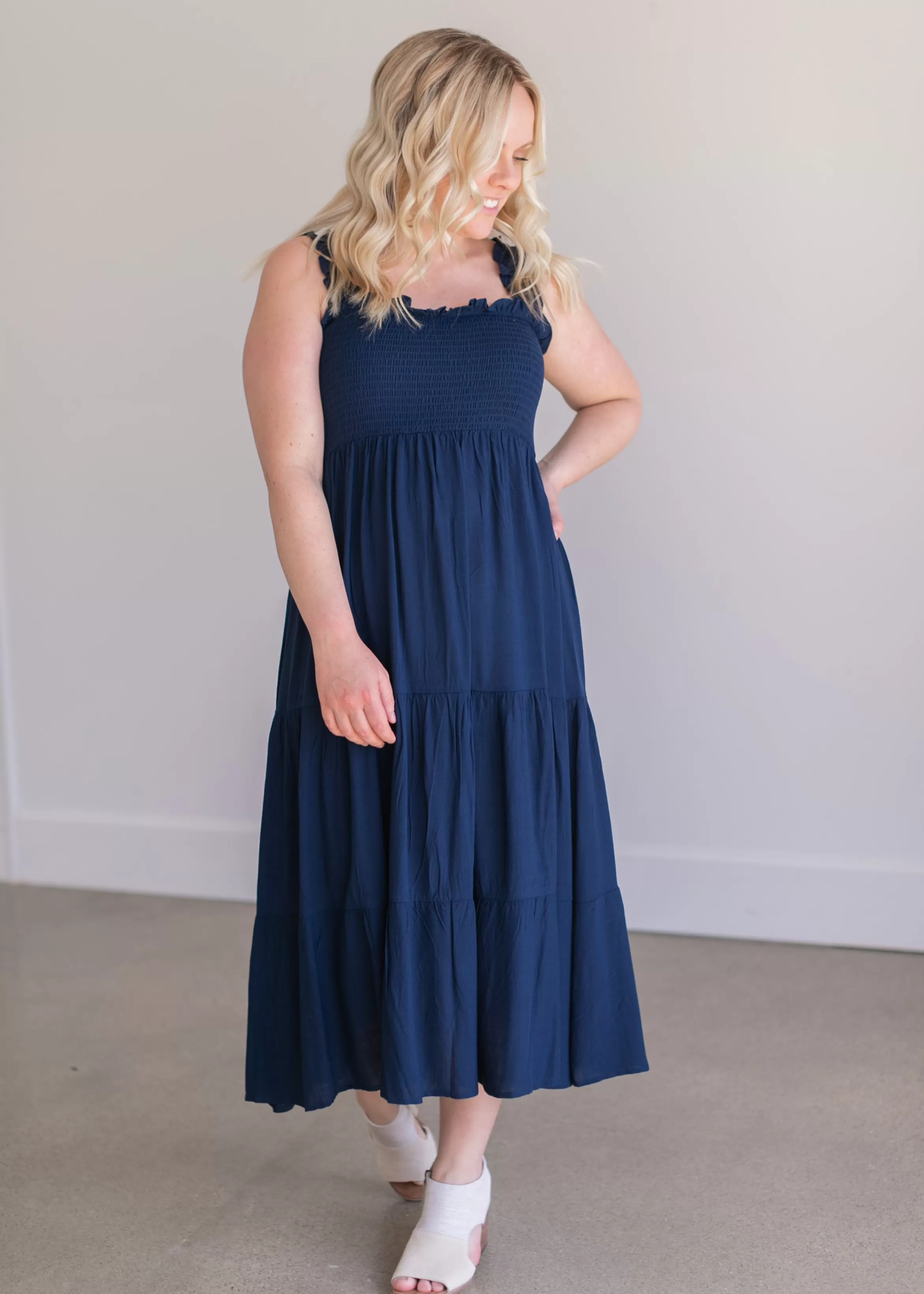 Apricot Inc Empire Waist Smocked Navy Midi Dress Fashion