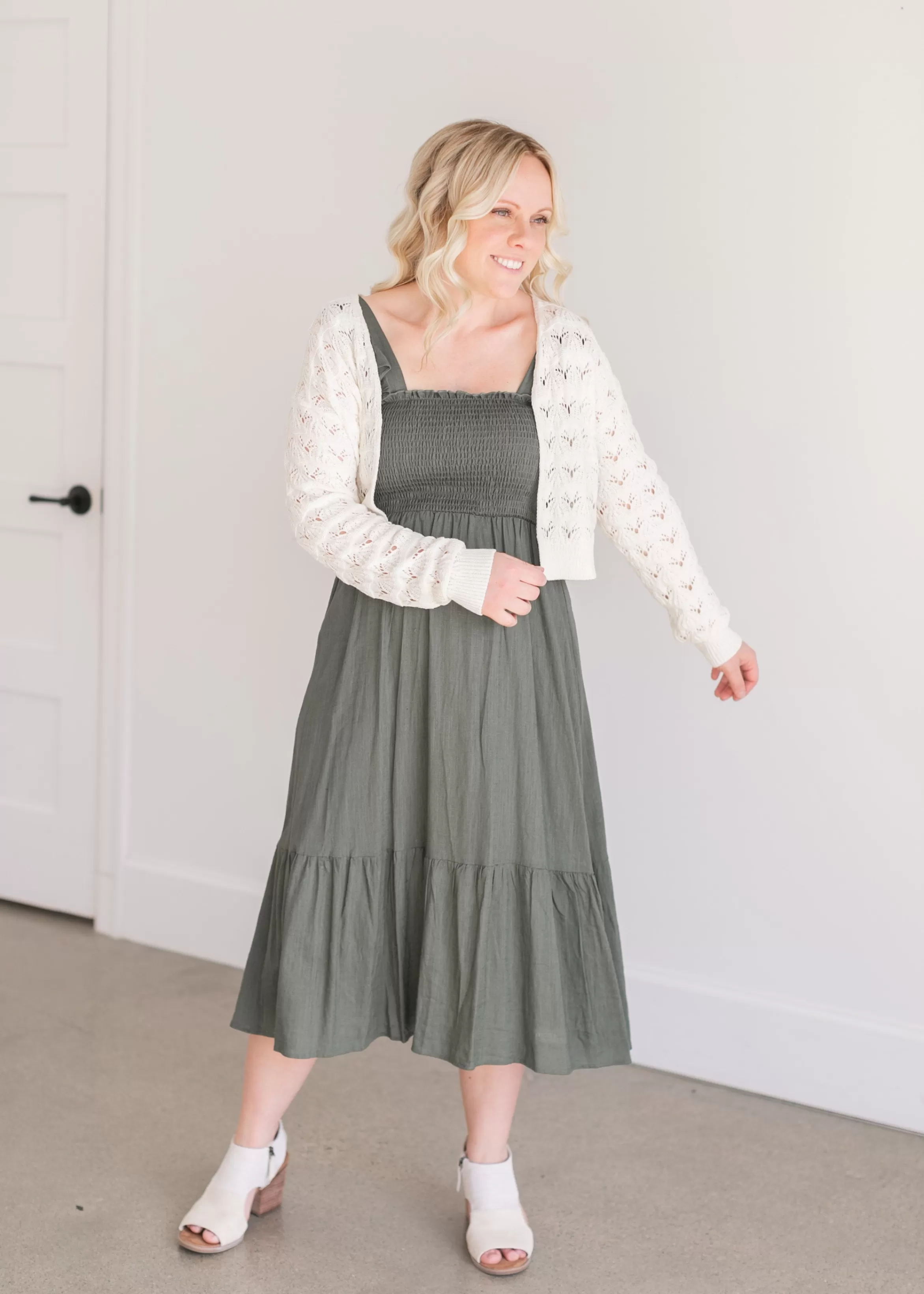 Apricot Inc Empire Waist Smocked Olive Midi Dress Clearance