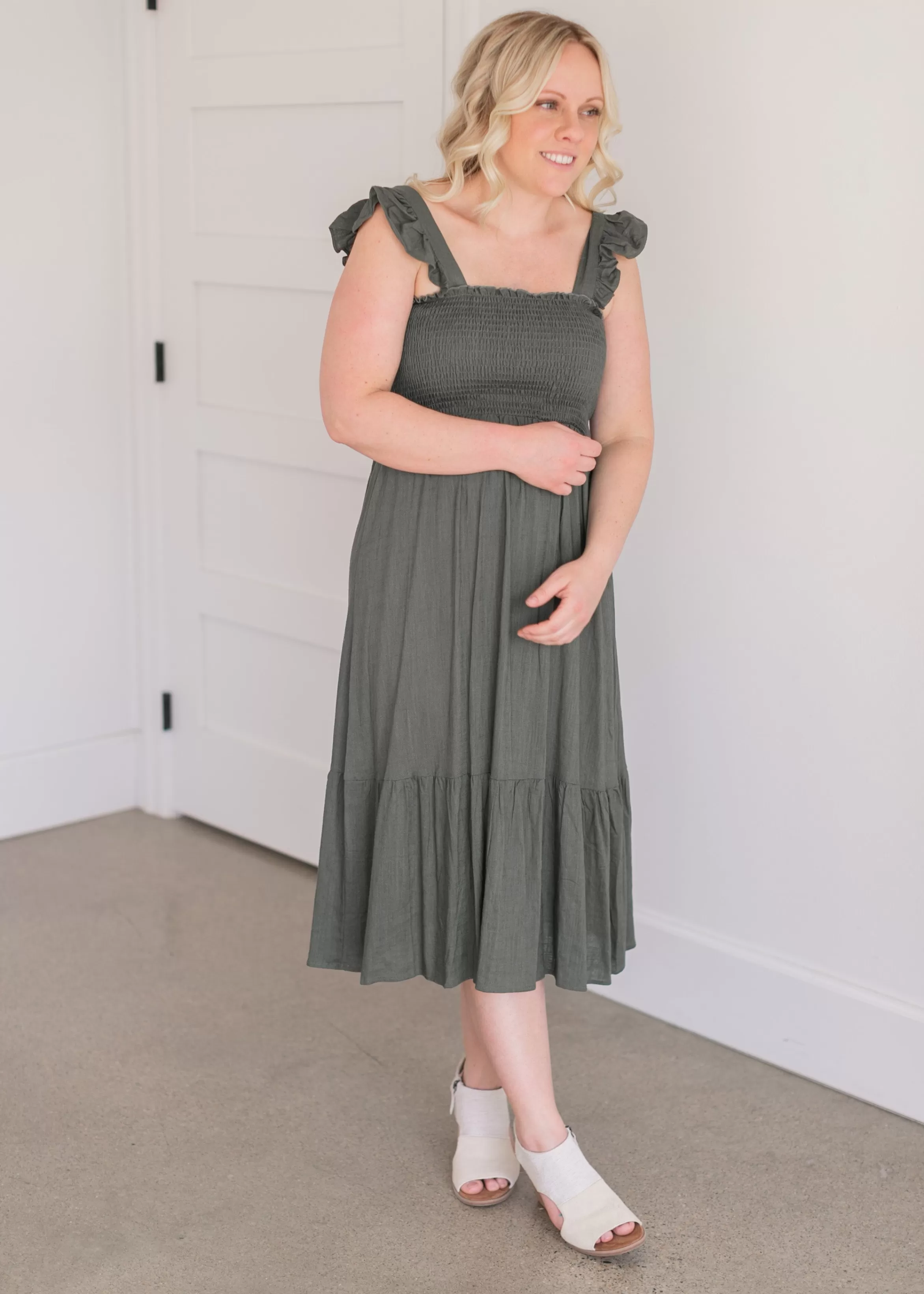 Apricot Inc Empire Waist Smocked Olive Midi Dress Clearance