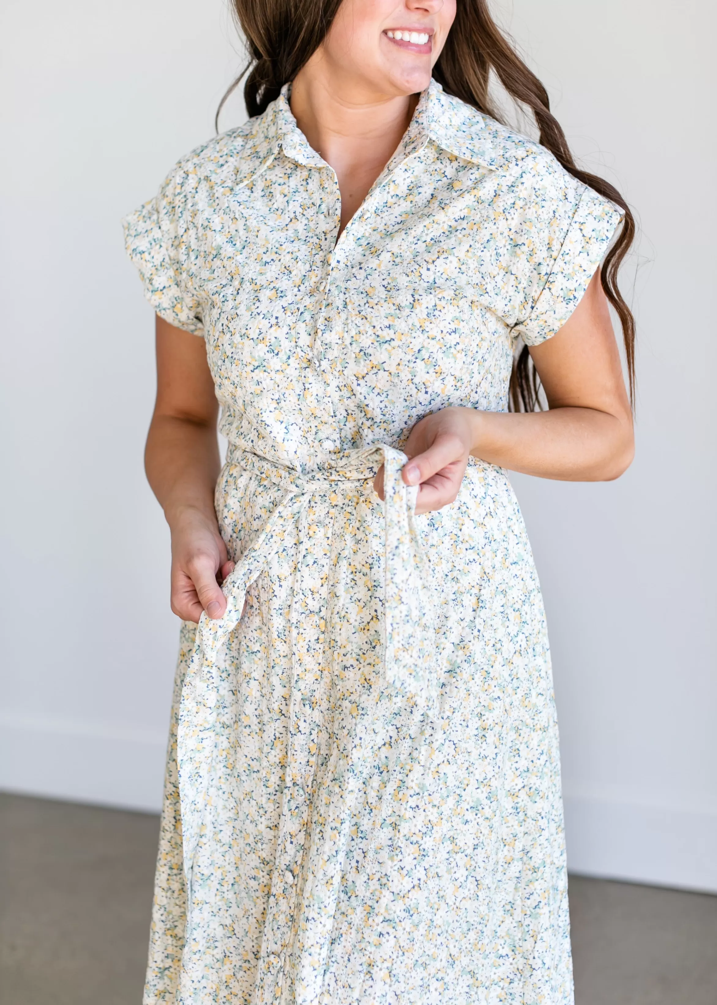 En Saison Eyelet Ditsy Floral Midi Shirt Dress New