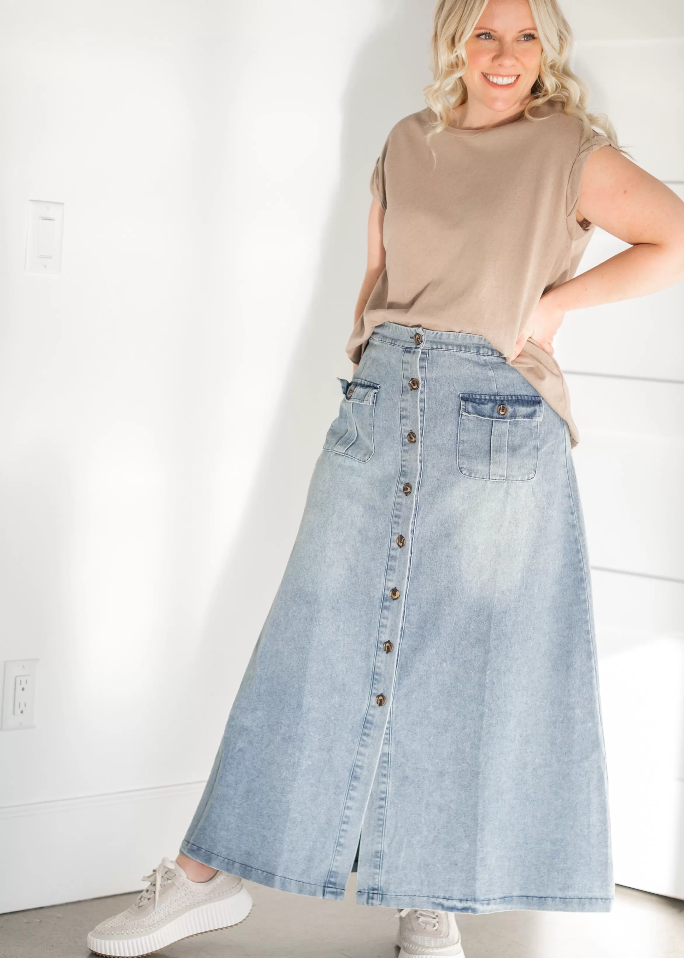 Mazik Front Button Down A-Line Denim Maxi Skirt Outlet