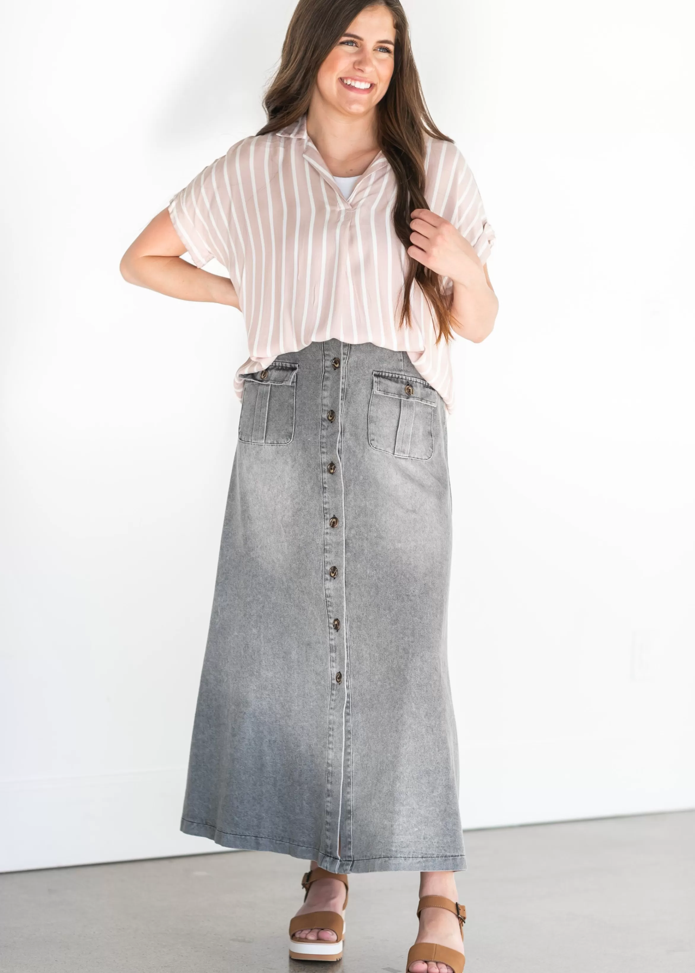 Mazik Front Button Down A-Line Denim Maxi Skirt Outlet