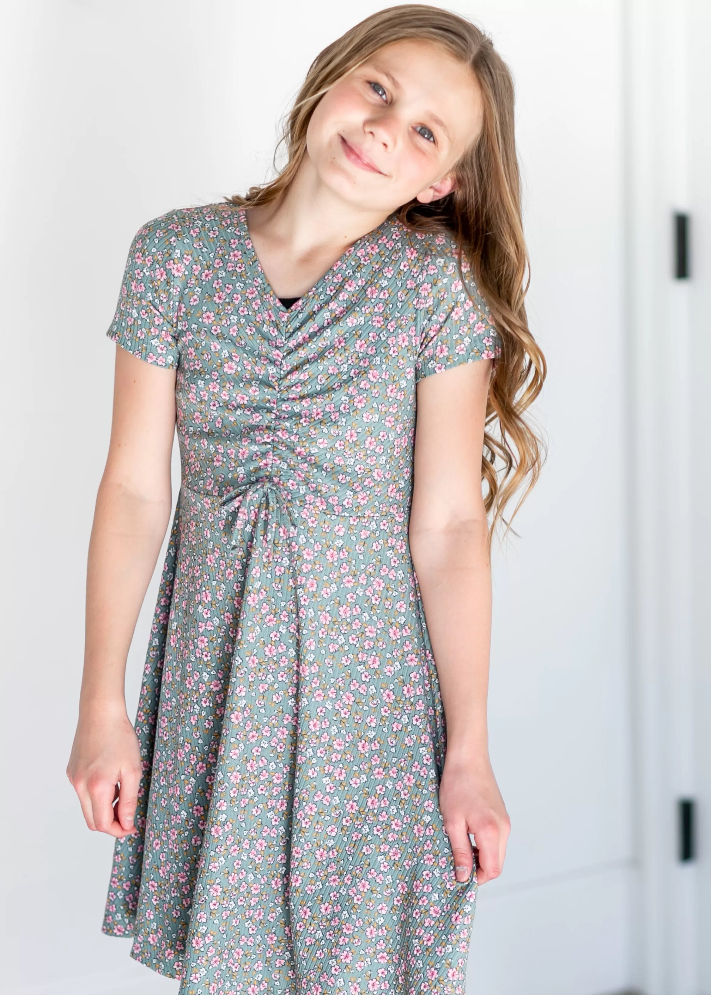 Heart and Arrow Girl's Ruched Front Floral Ribbed Dress Flash Sale