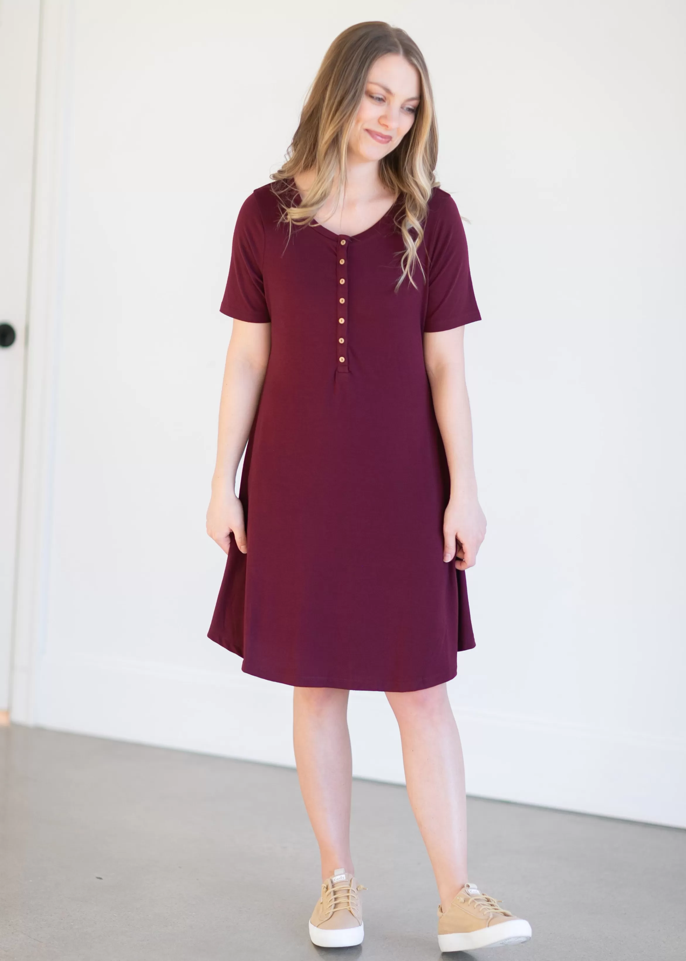 Zenana Henley Button Short Sleeve Knit Dress Clearance