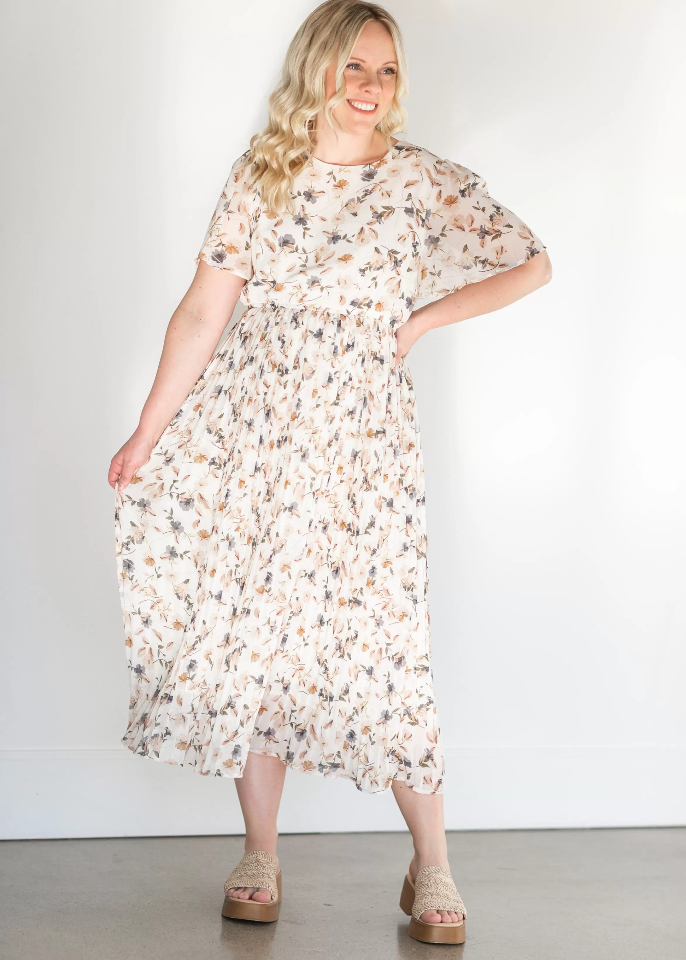 Hayden Ivory Floral Pleated Midi Dress Fashion