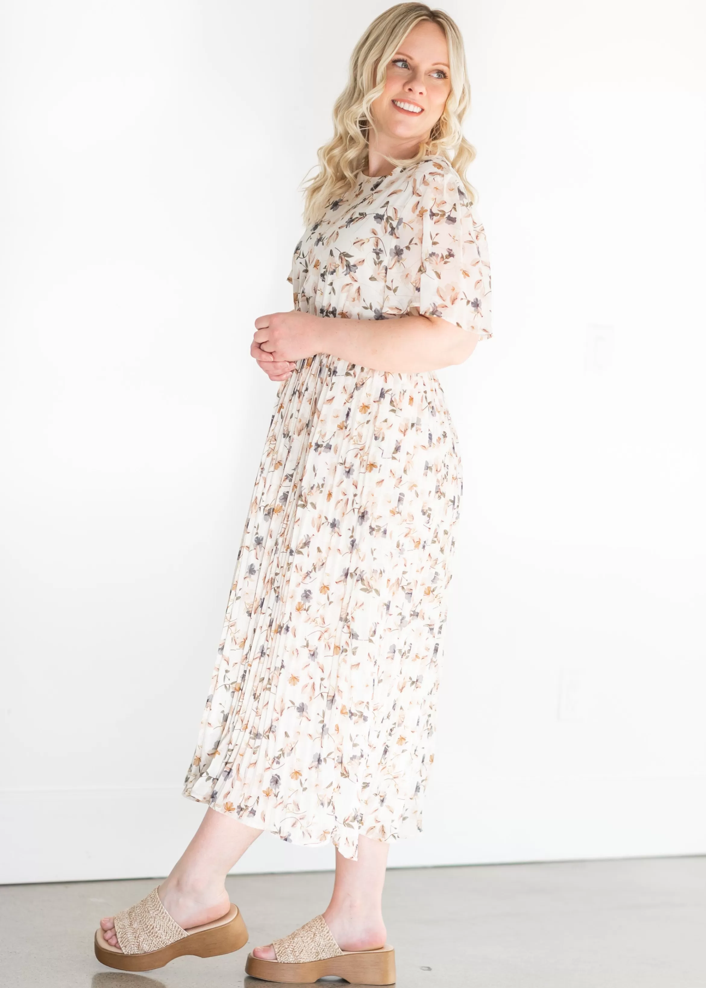 Hayden Ivory Floral Pleated Midi Dress Fashion