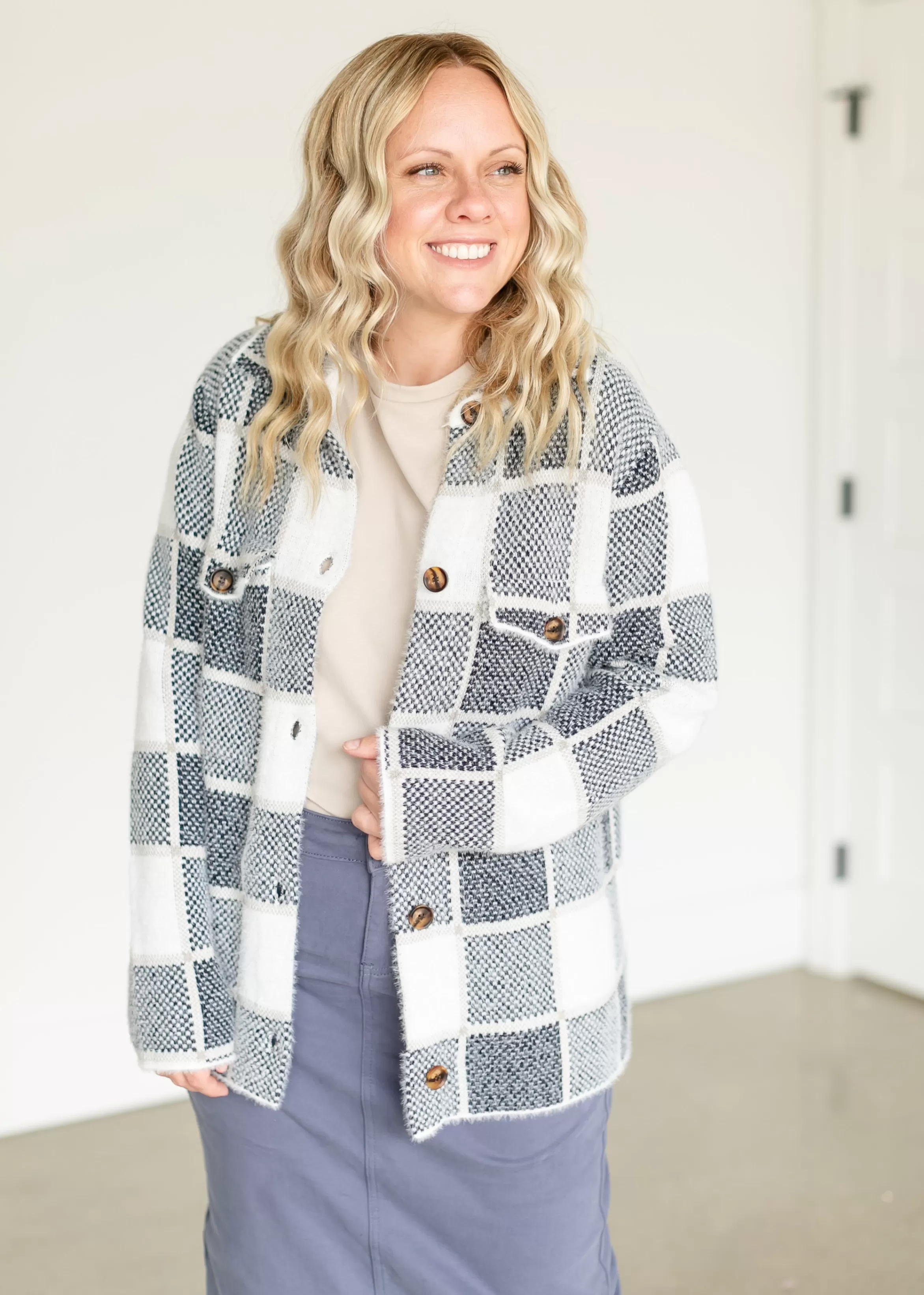 Staccato Jaquard Checkered Button Up Shacket Hot