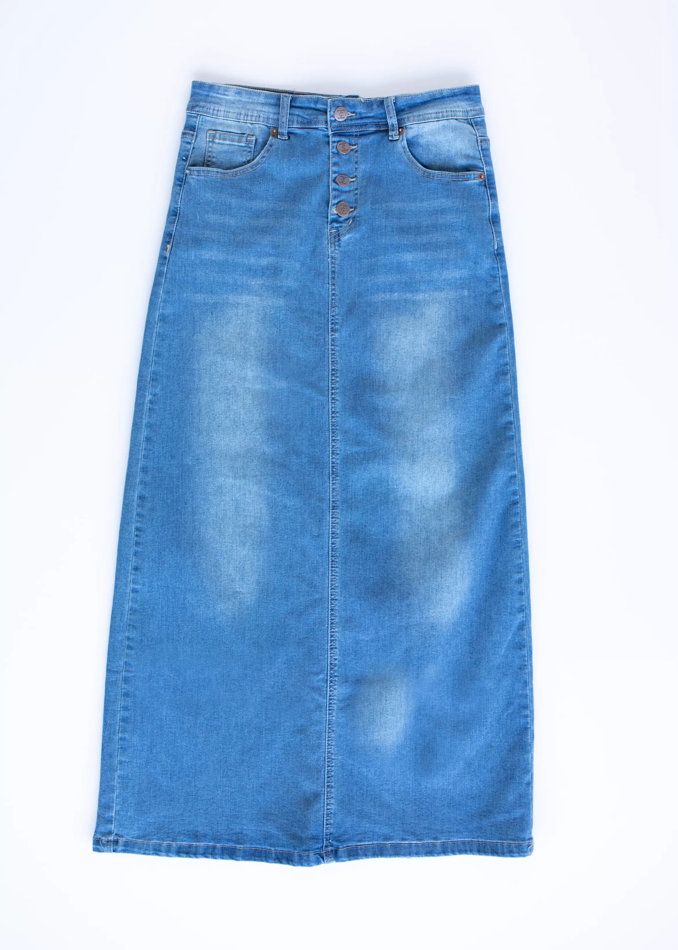 * Jessa Vintage Wash Button Front Long Denim Skirt Store