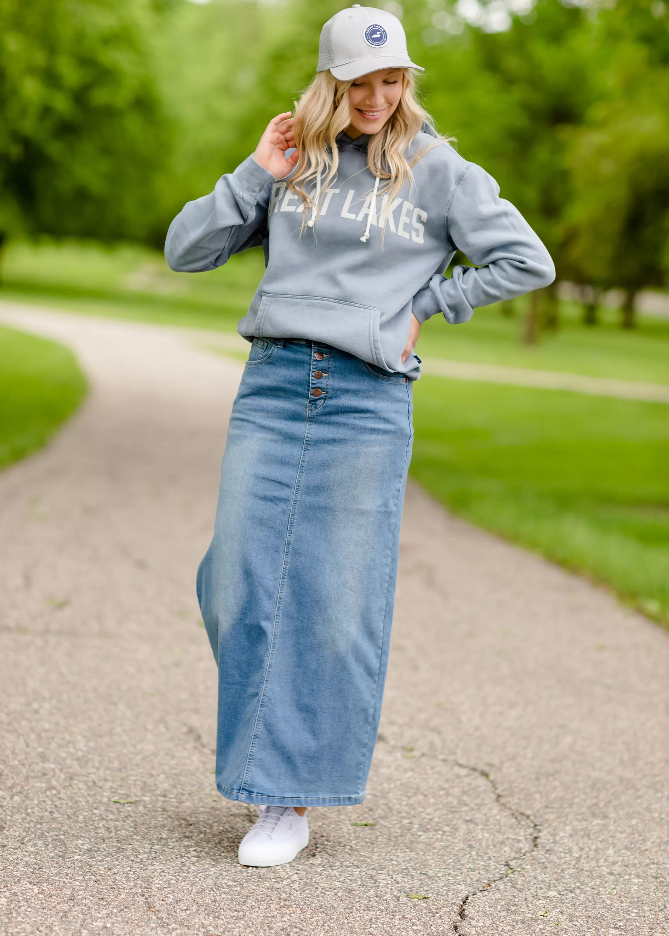 * Jessa Vintage Wash Button Front Long Denim Skirt Store