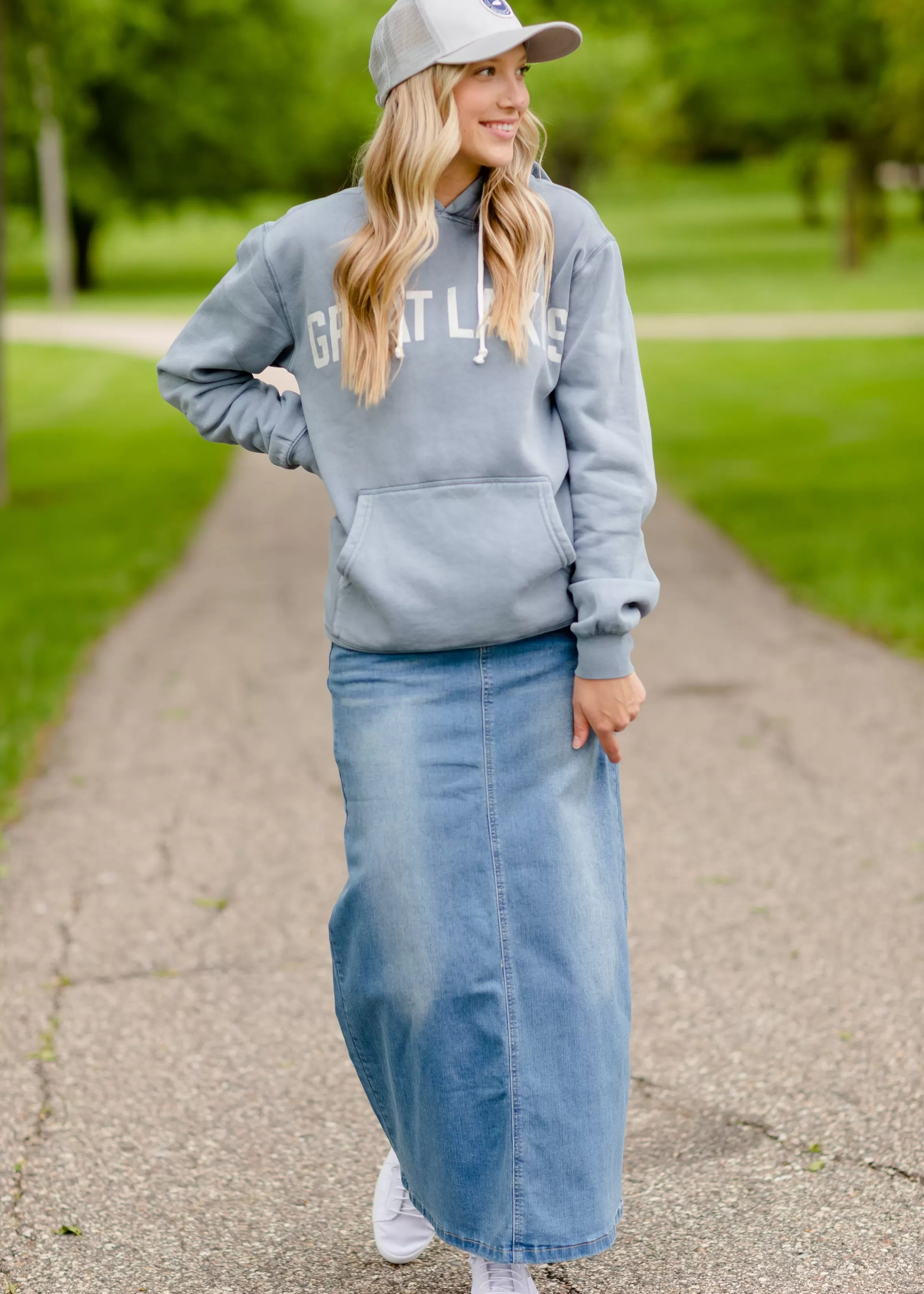 * Jessa Vintage Wash Button Front Long Denim Skirt Store