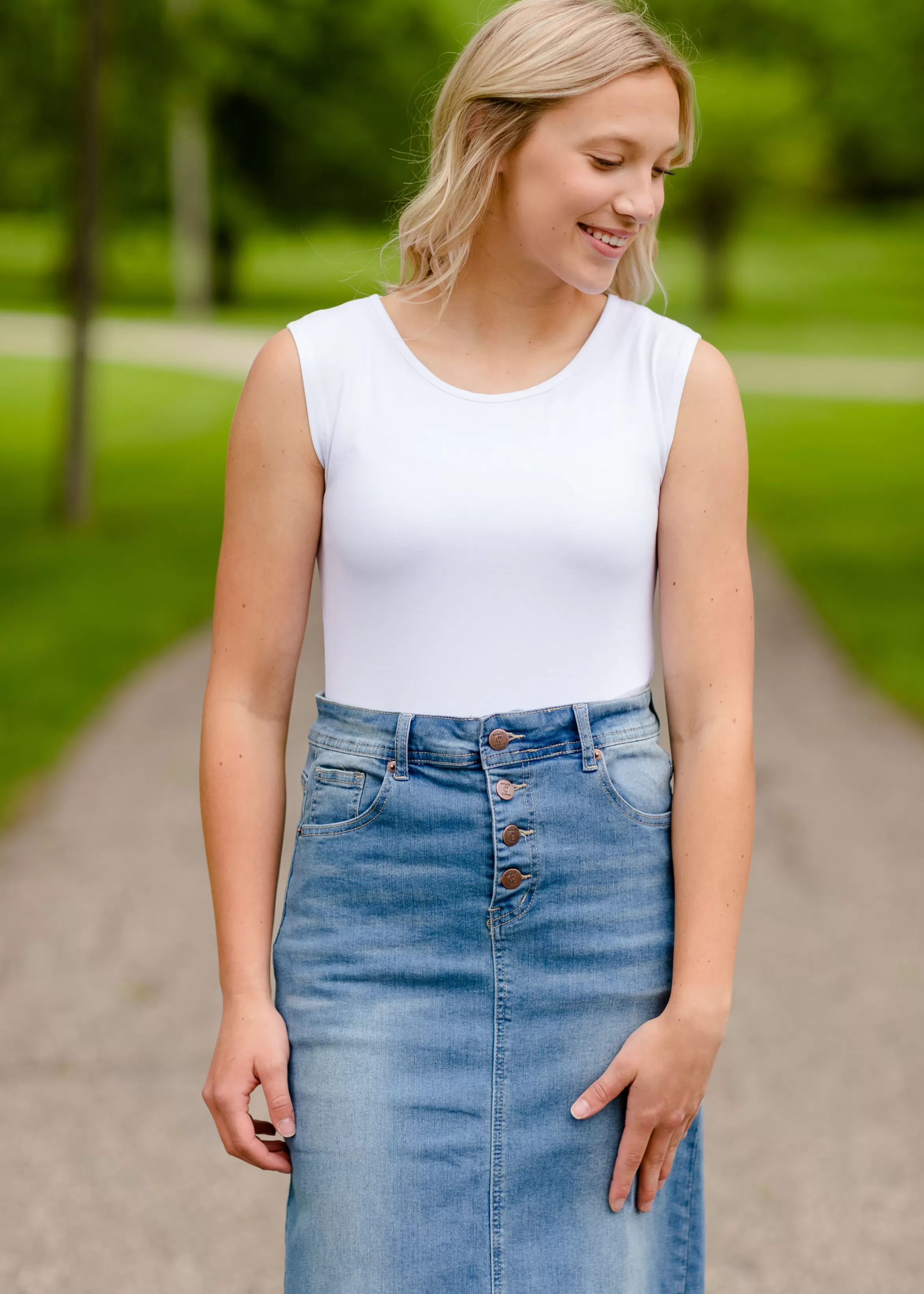 * Jessa Vintage Wash Button Front Long Denim Skirt Store