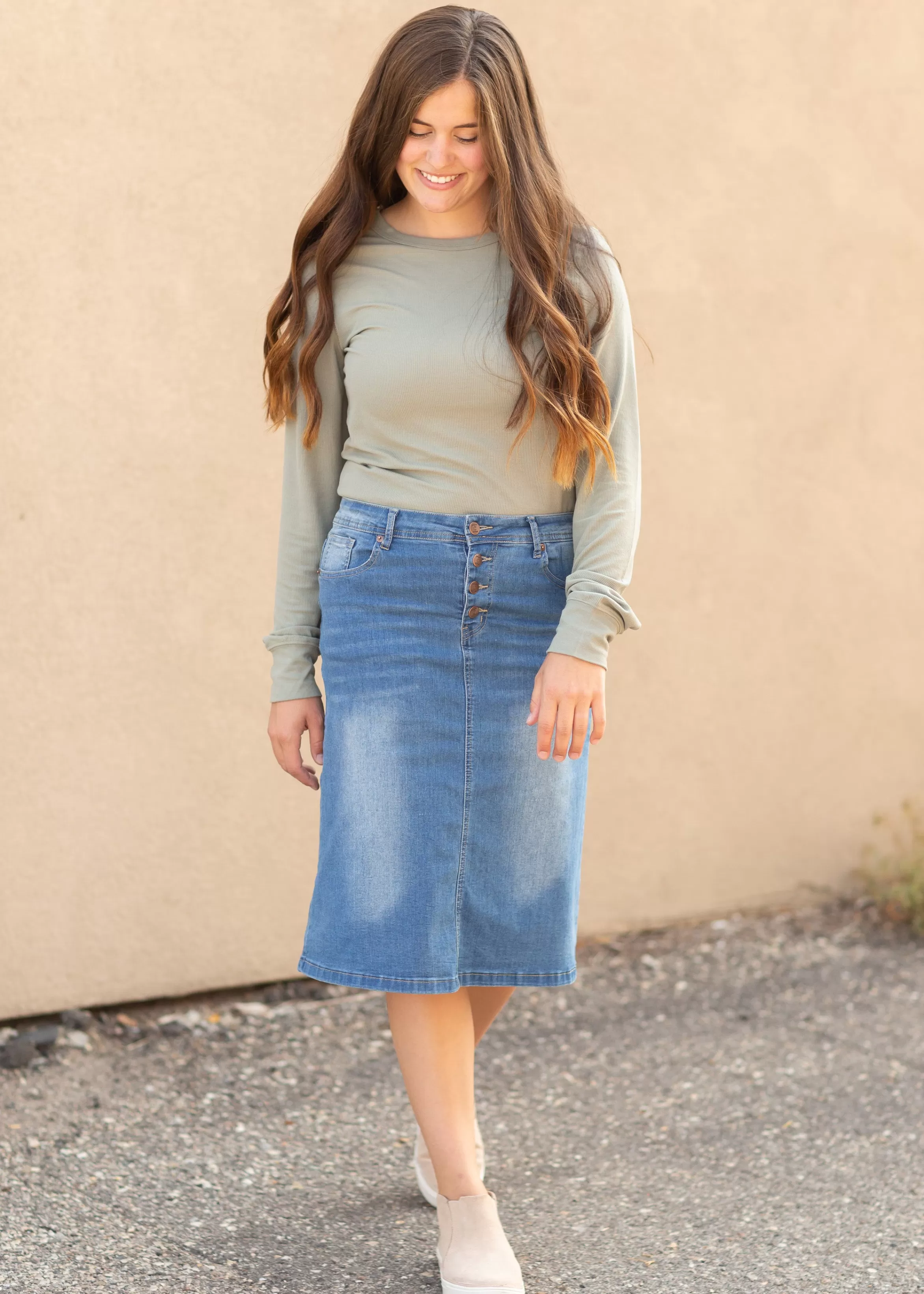 * Josie Vintage Wash Button Front Midi Denim Skirt Discount