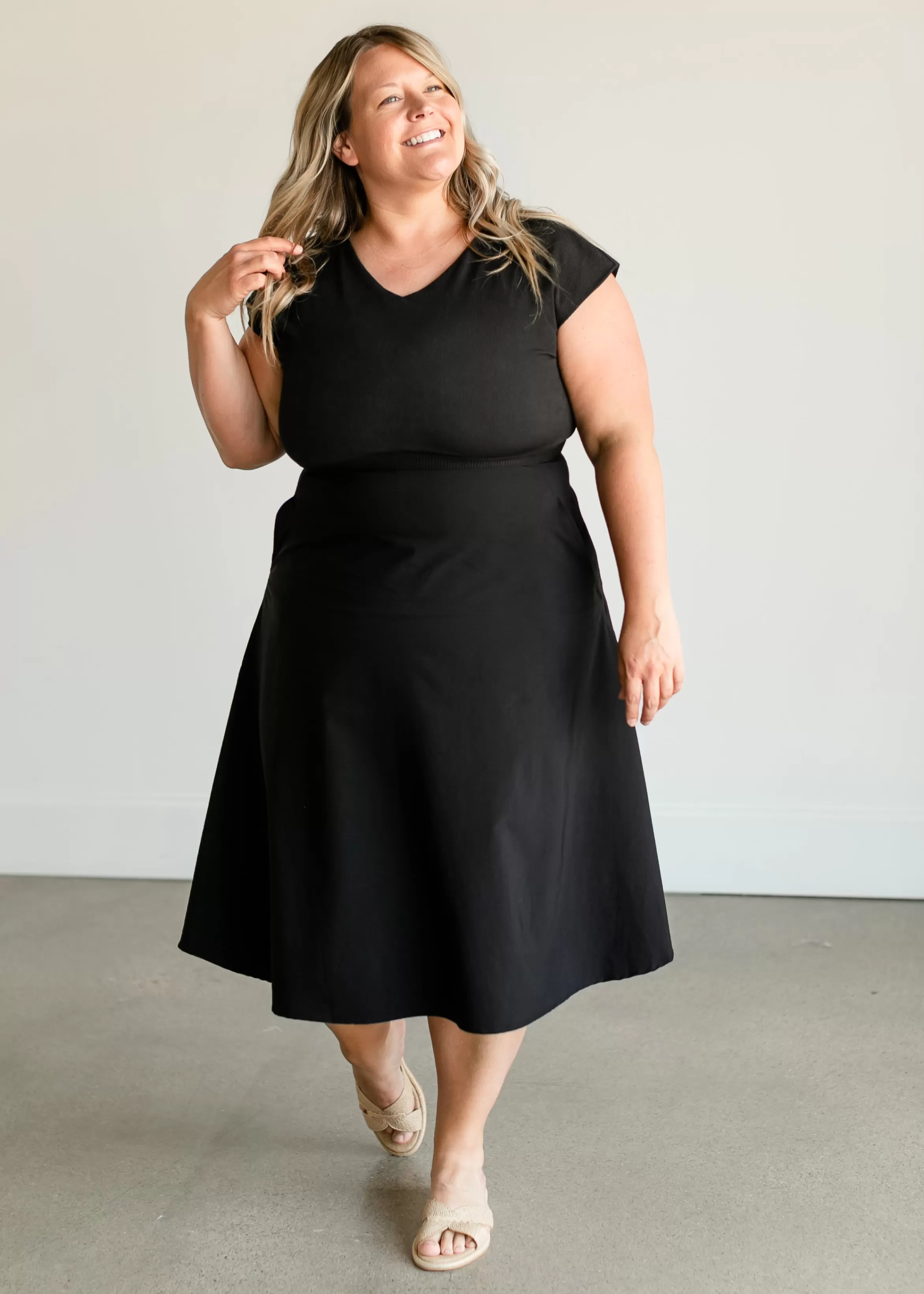 * Kate Cap Sleeve Black Midi Dress Store