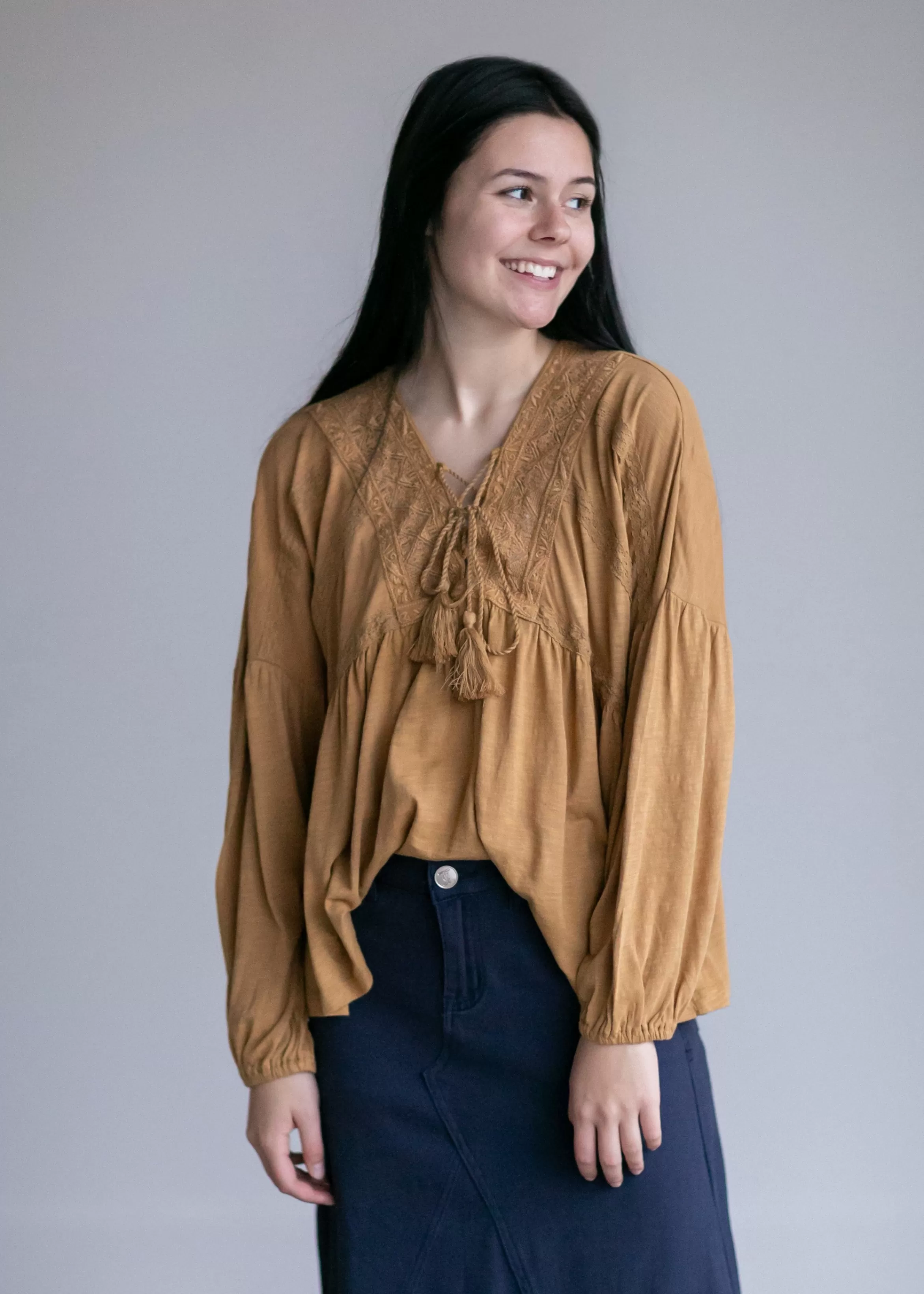 Lucky Brand Lace Up Trim Peasant Top Cheap