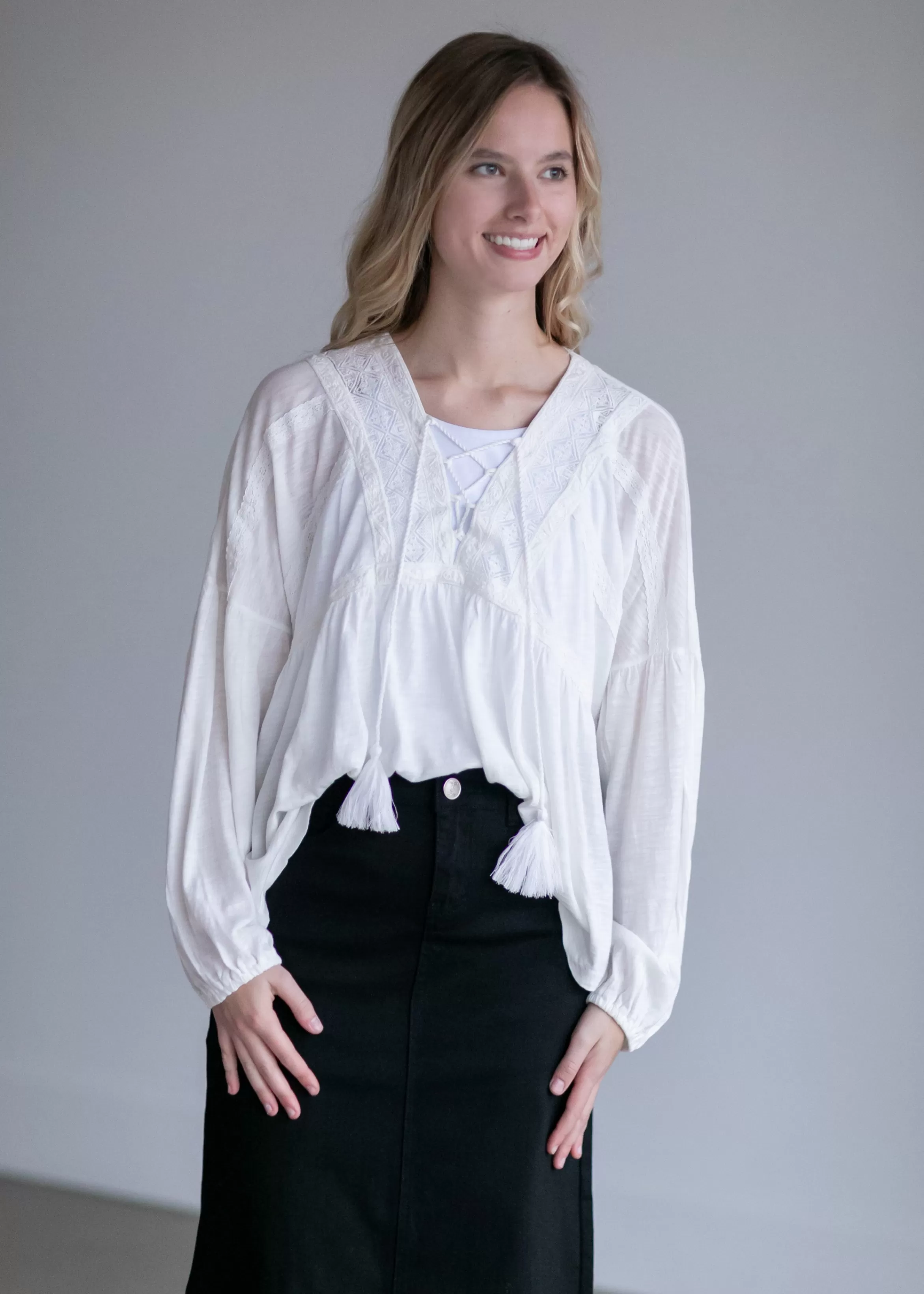 Lucky Brand Lace Up Trim Peasant Top Cheap