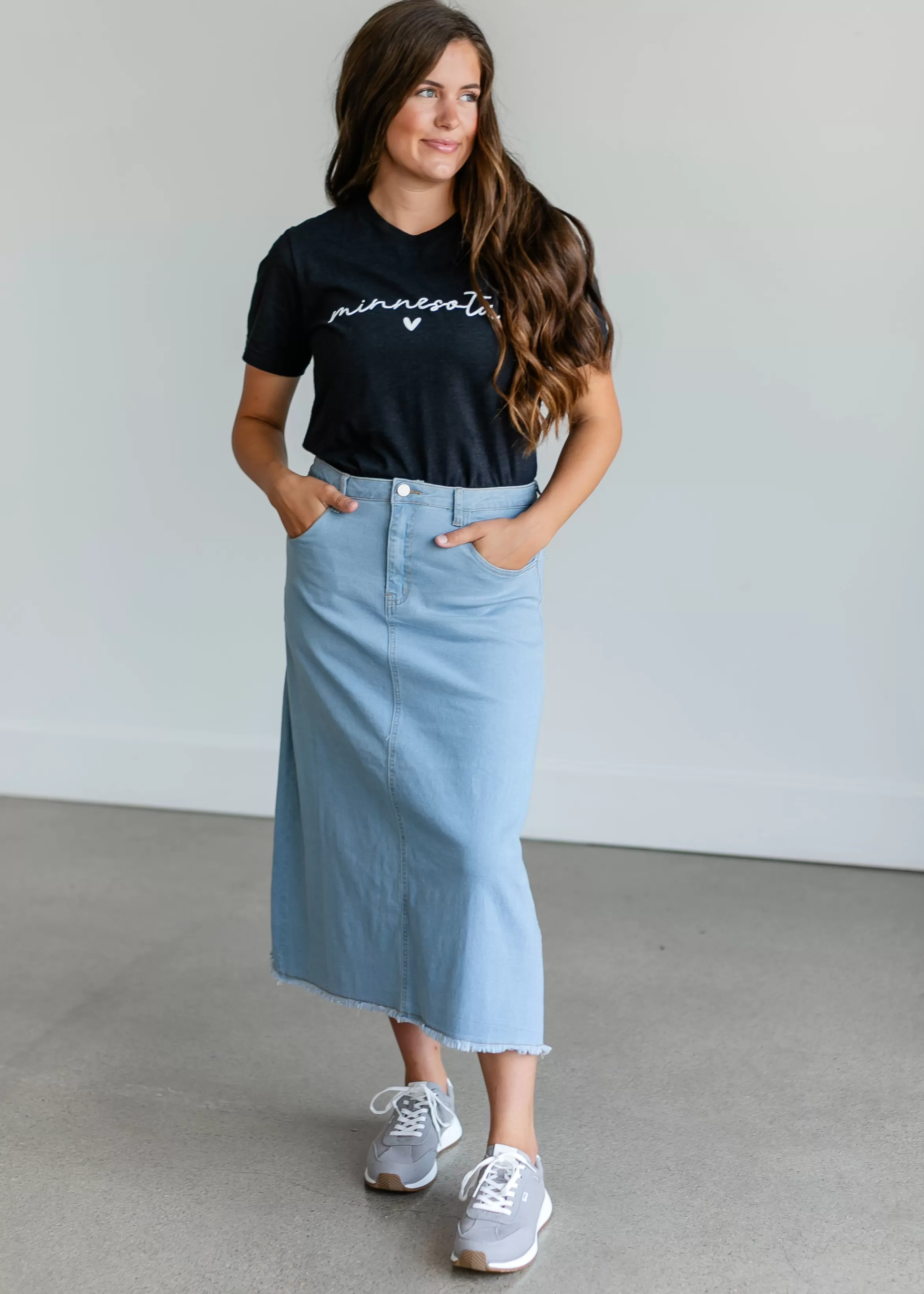 Polagram + BaeVely Light Wash A-Line Denim Midi Skirt Fashion