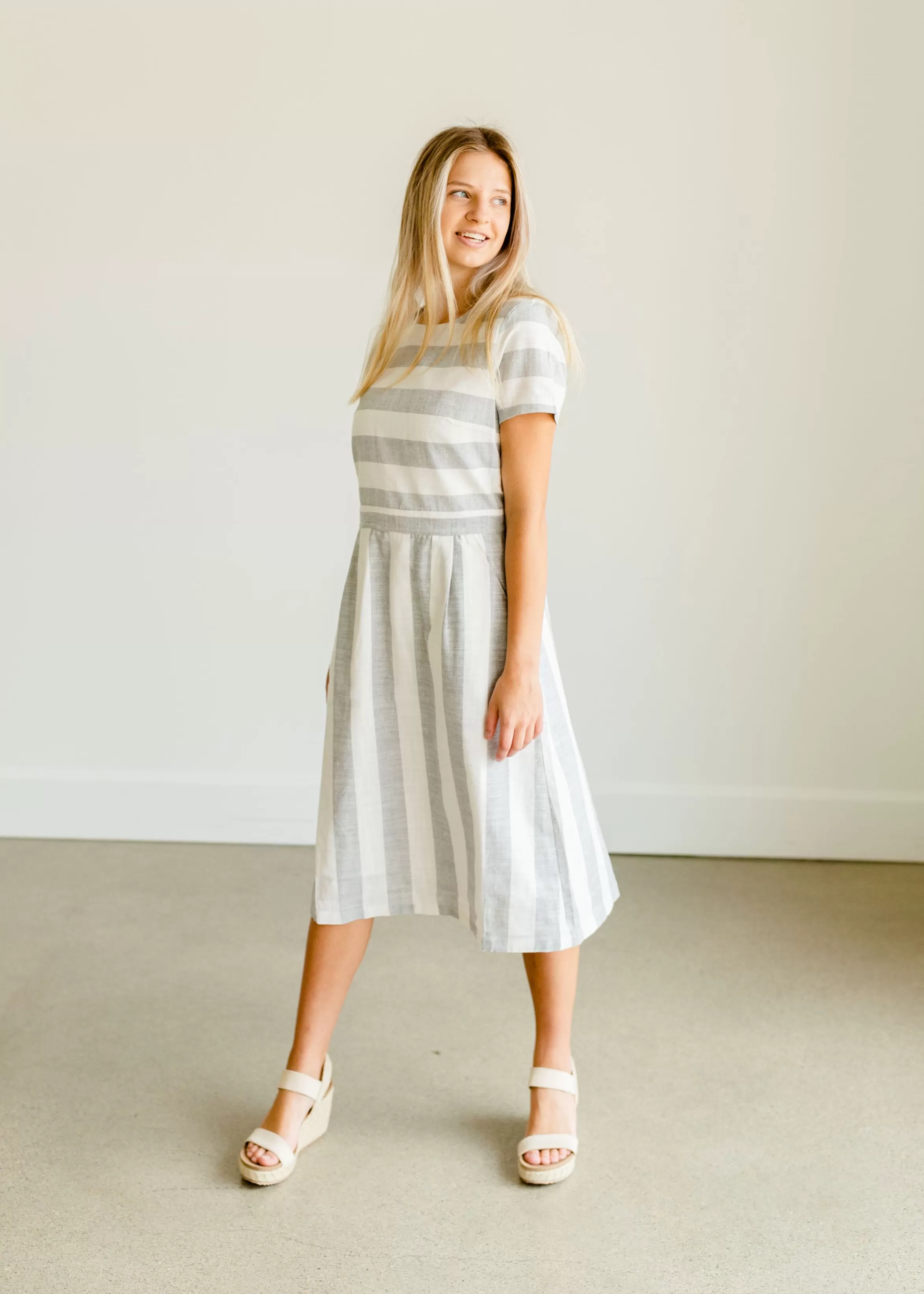 Christian Modest Clothing Marian Linen Striped Midi Dress Cheap