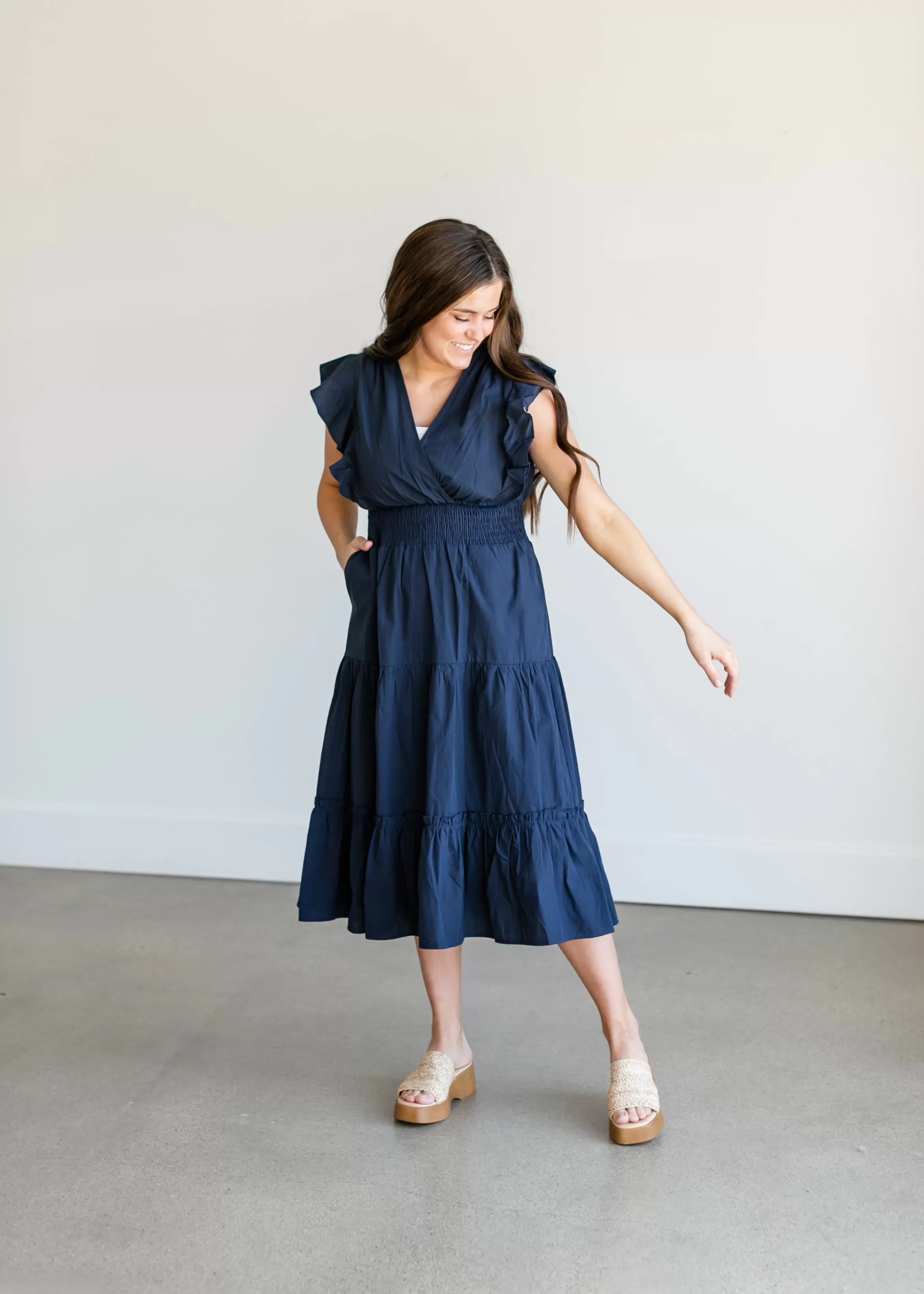 Pinch Navy Ruffle Sleeve Tiered Midi Dress Flash Sale