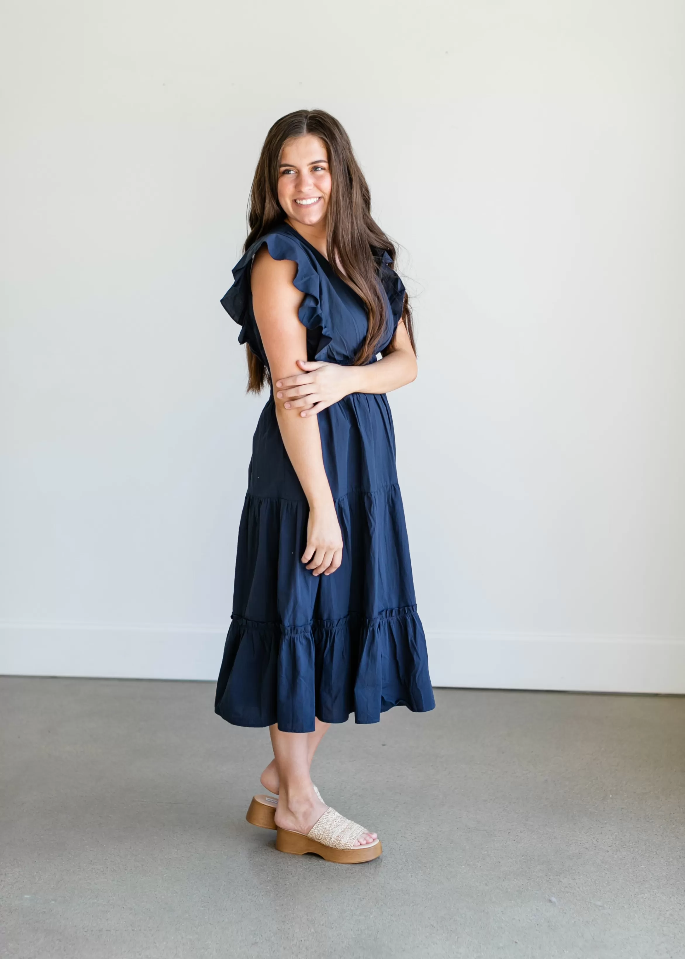 Pinch Navy Ruffle Sleeve Tiered Midi Dress Flash Sale