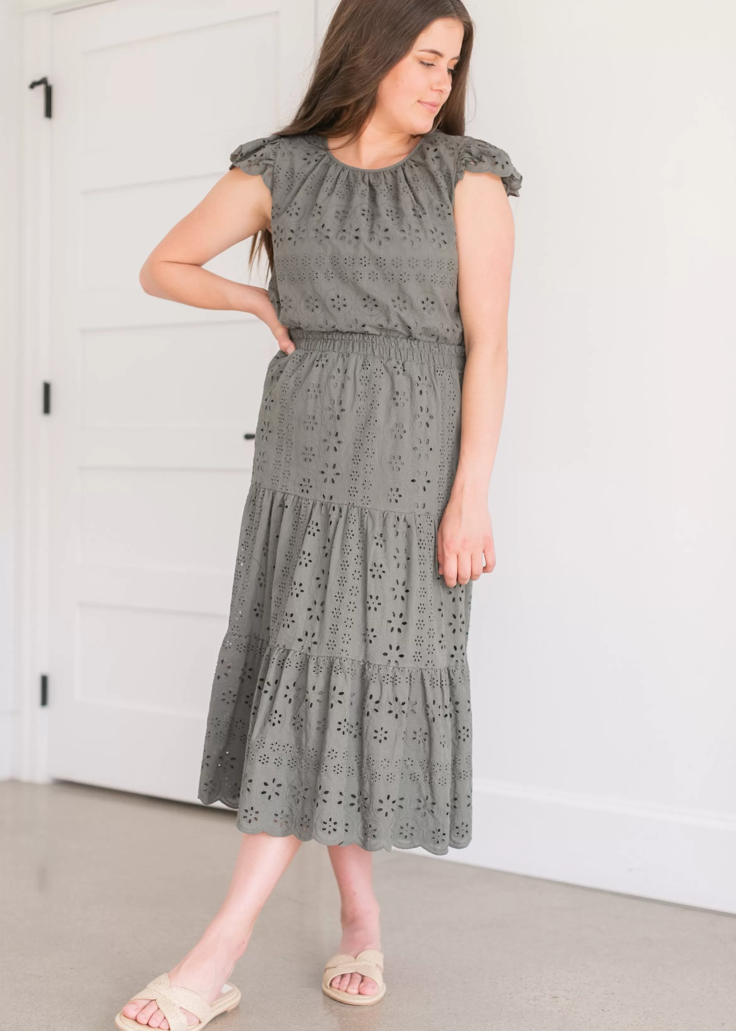 Apricot Inc Olive Eyelet Tiered Midi Skirt Shop