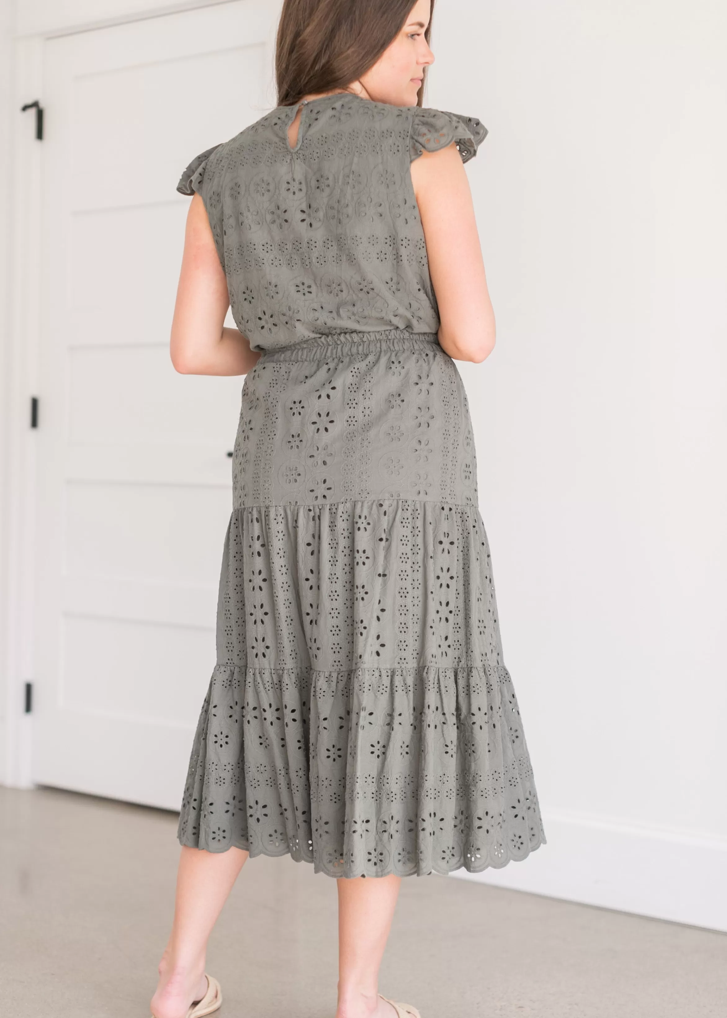 Apricot Inc Olive Eyelet Tiered Midi Skirt Shop