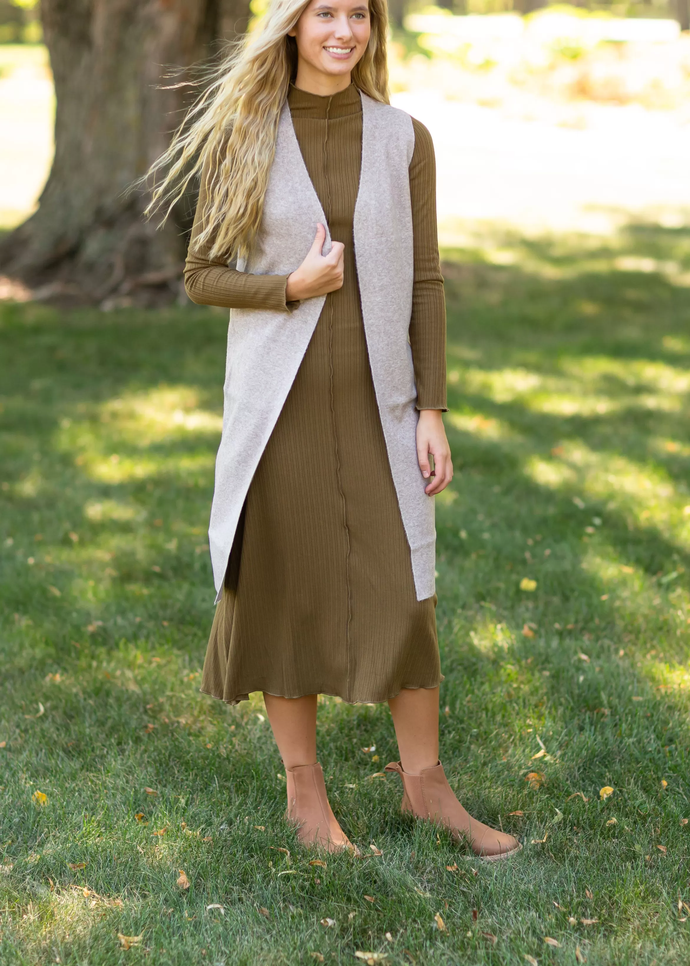 Paper Crane Olive Ribbed Long Sleeve Midi Dress Best Sale