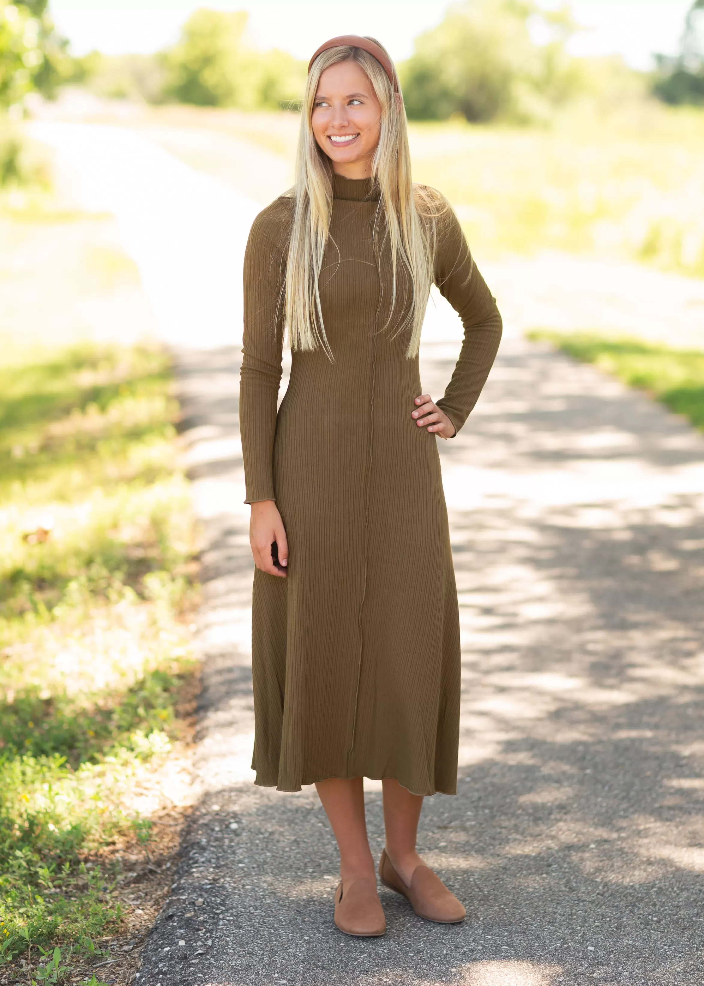 Paper Crane Olive Ribbed Long Sleeve Midi Dress Best Sale