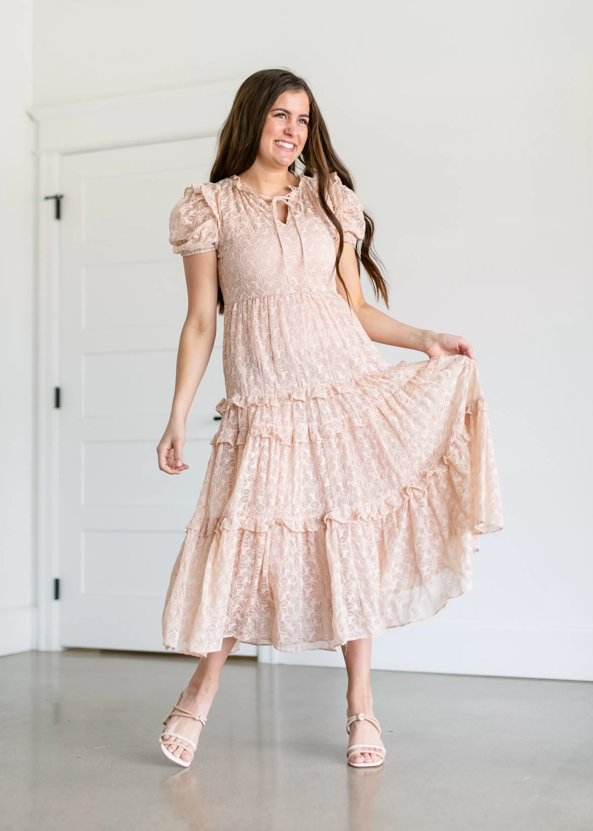 En Saison Peach Embroidered Ruffled Midi Dress Sale