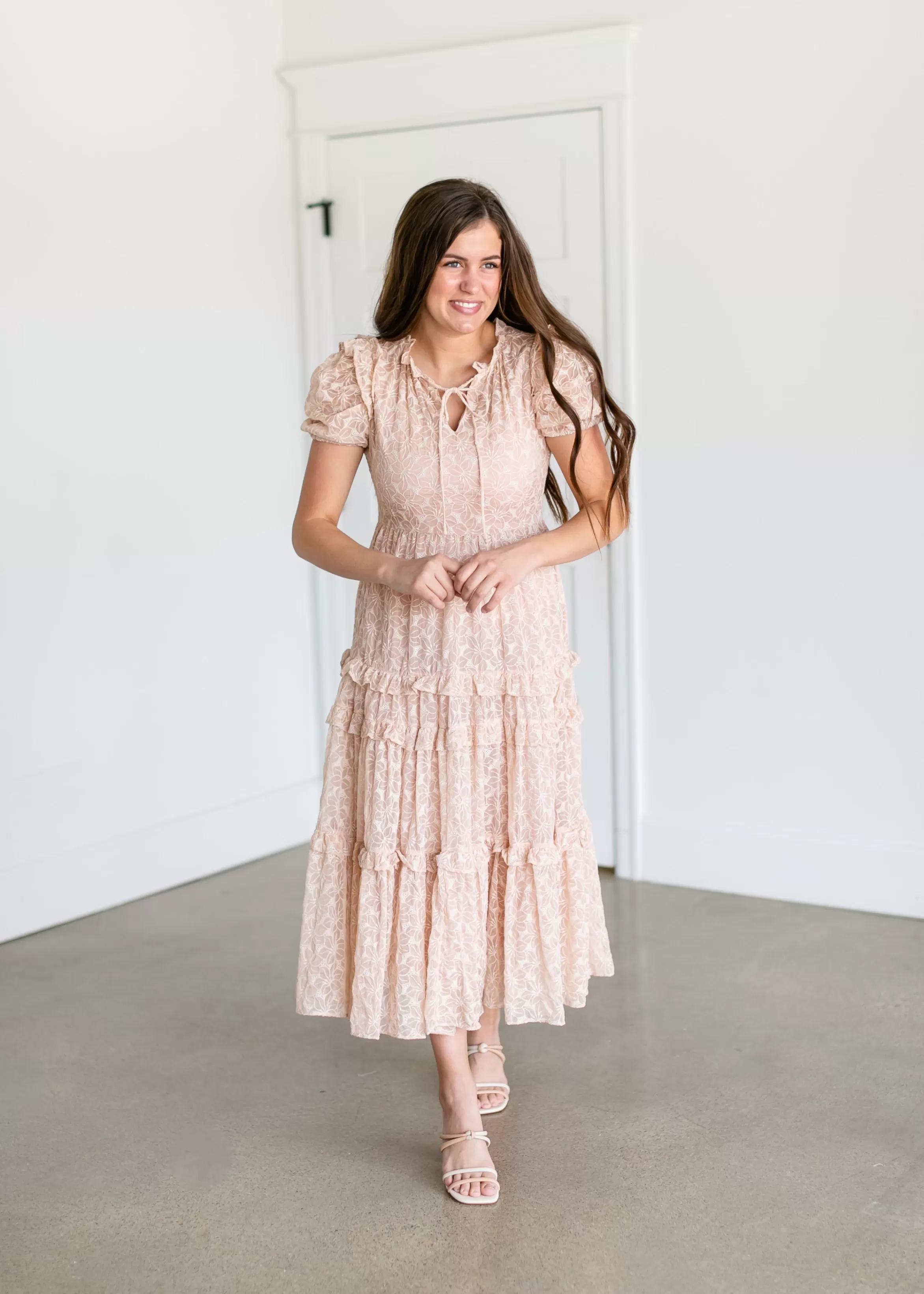 En Saison Peach Embroidered Ruffled Midi Dress Sale