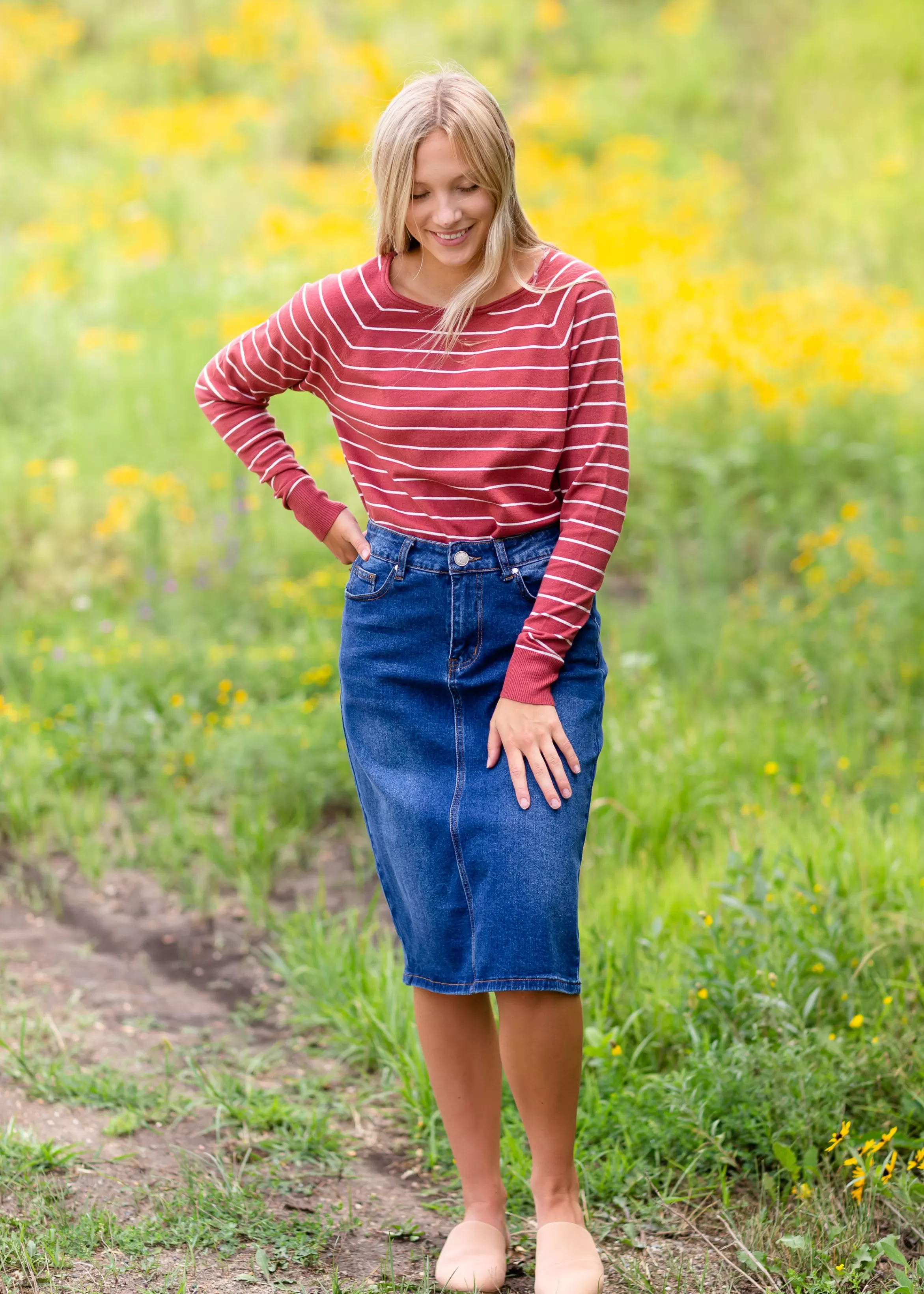 * Remi Dark Wash Denim Midi Skirt Shop