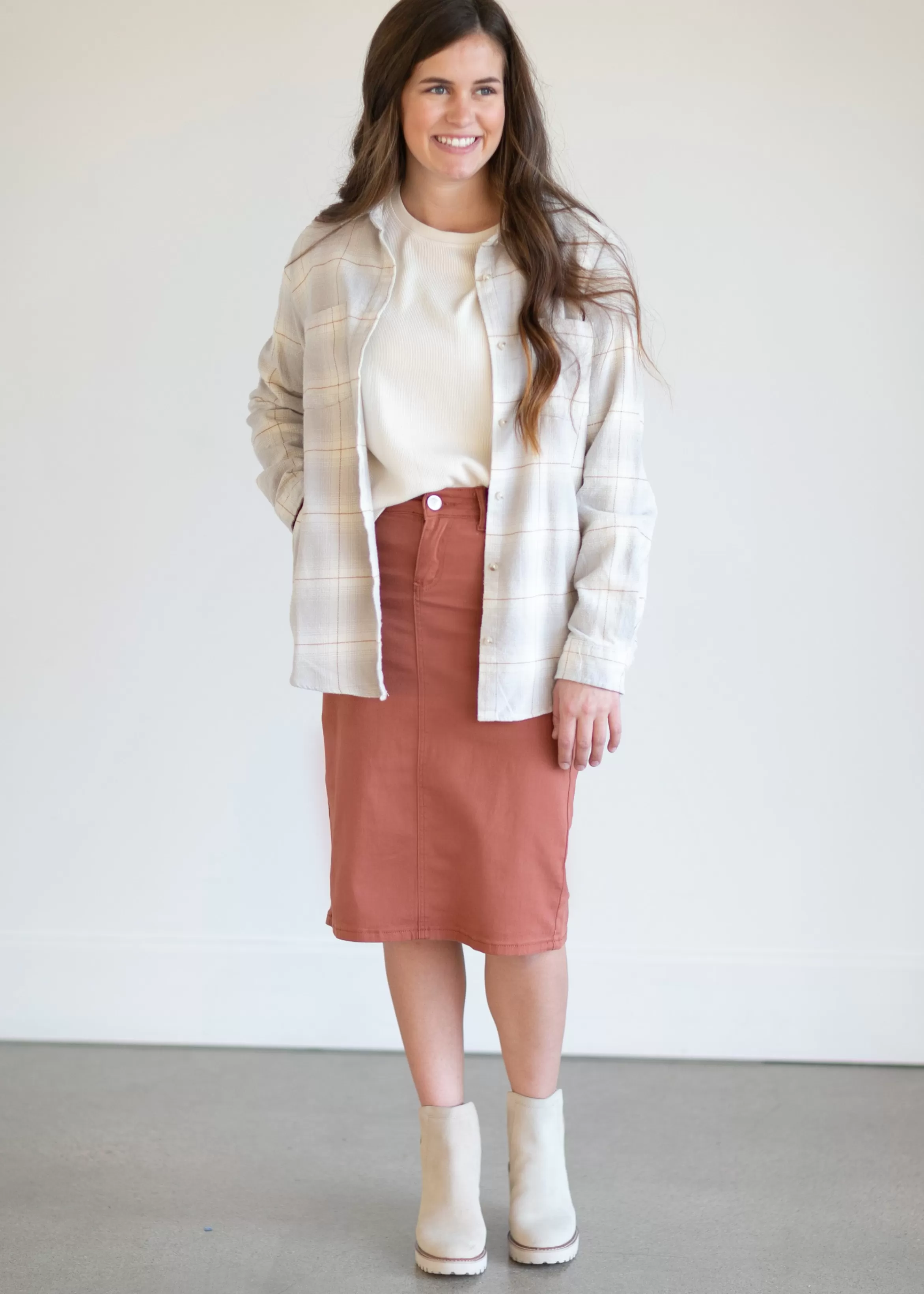 * Remi Rusty Brick Denim Midi Skirt Store