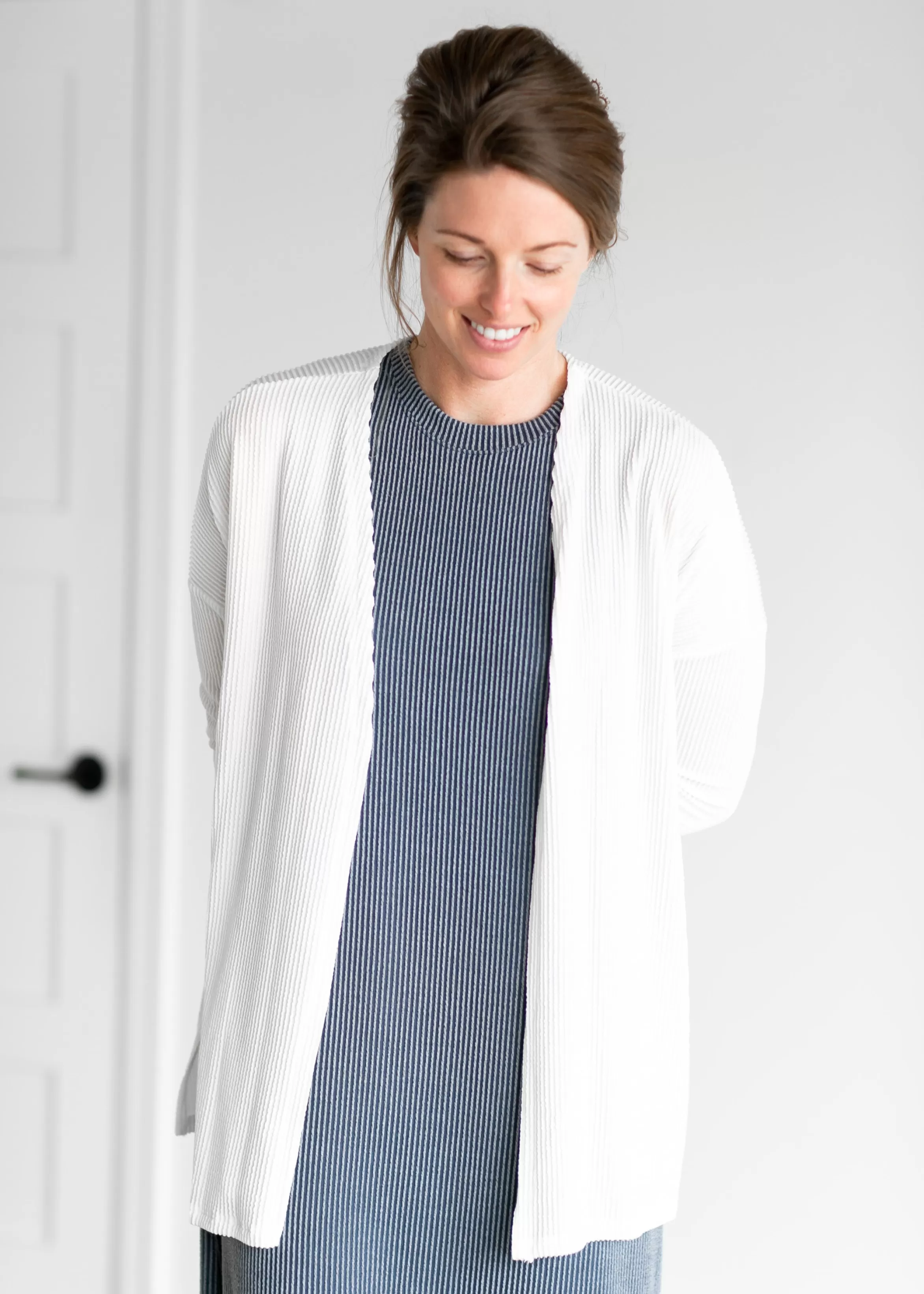 Tres Bien Ribbed Open Front Ivory Cardigan Best