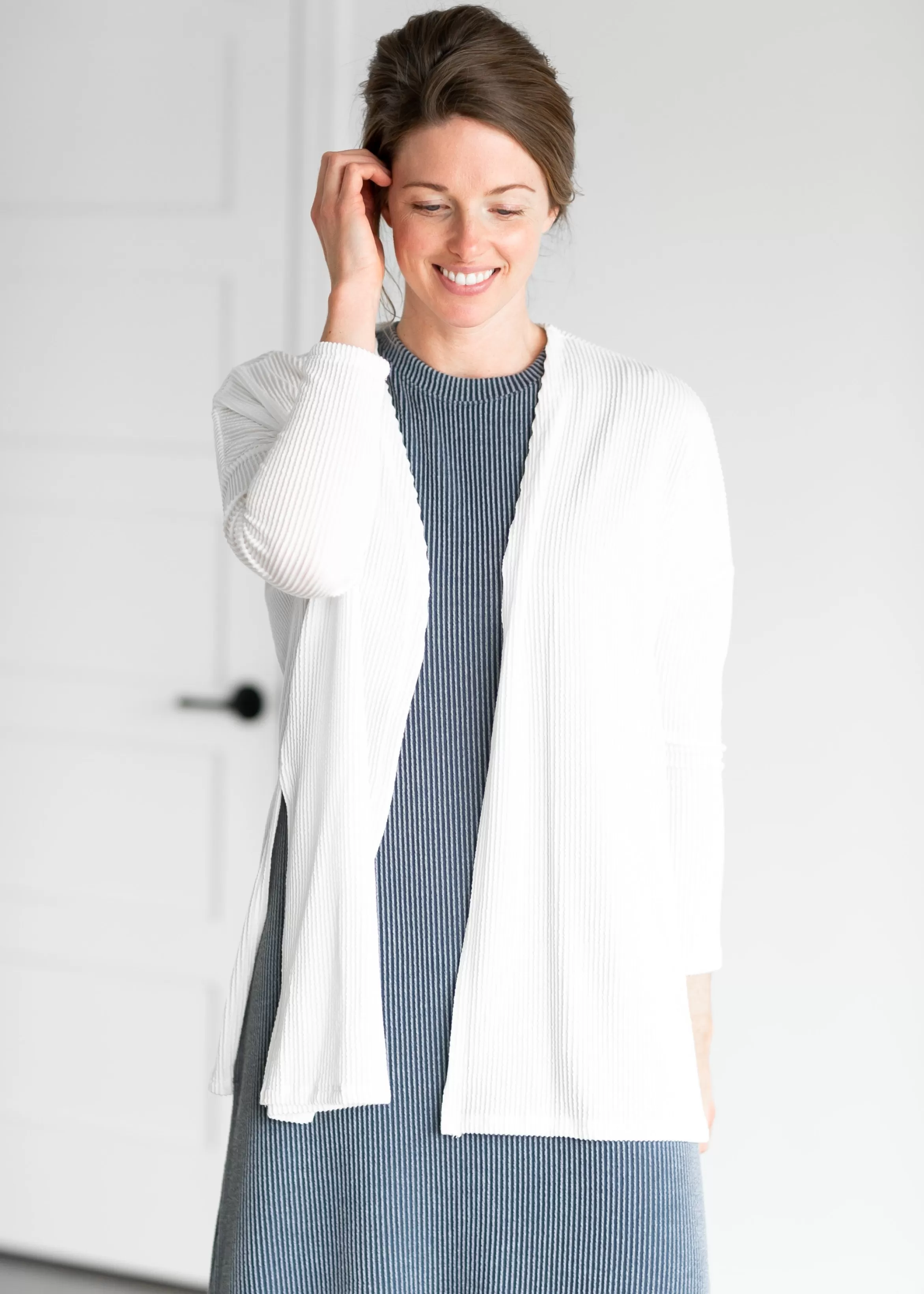 Tres Bien Ribbed Open Front Ivory Cardigan Best