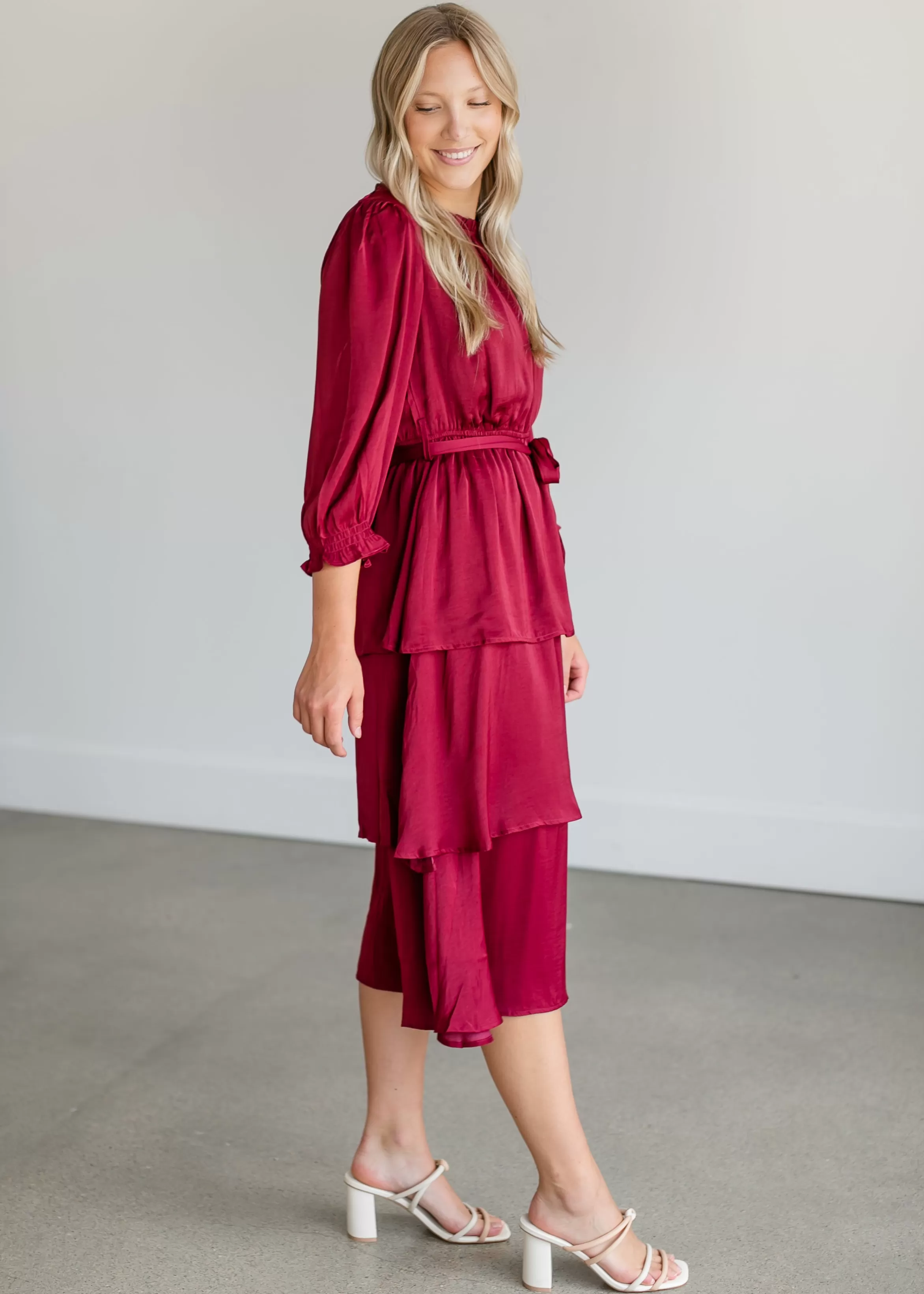 Tea N Rose Tiered 3/4 Sleeve Satin Midi Dress Shop