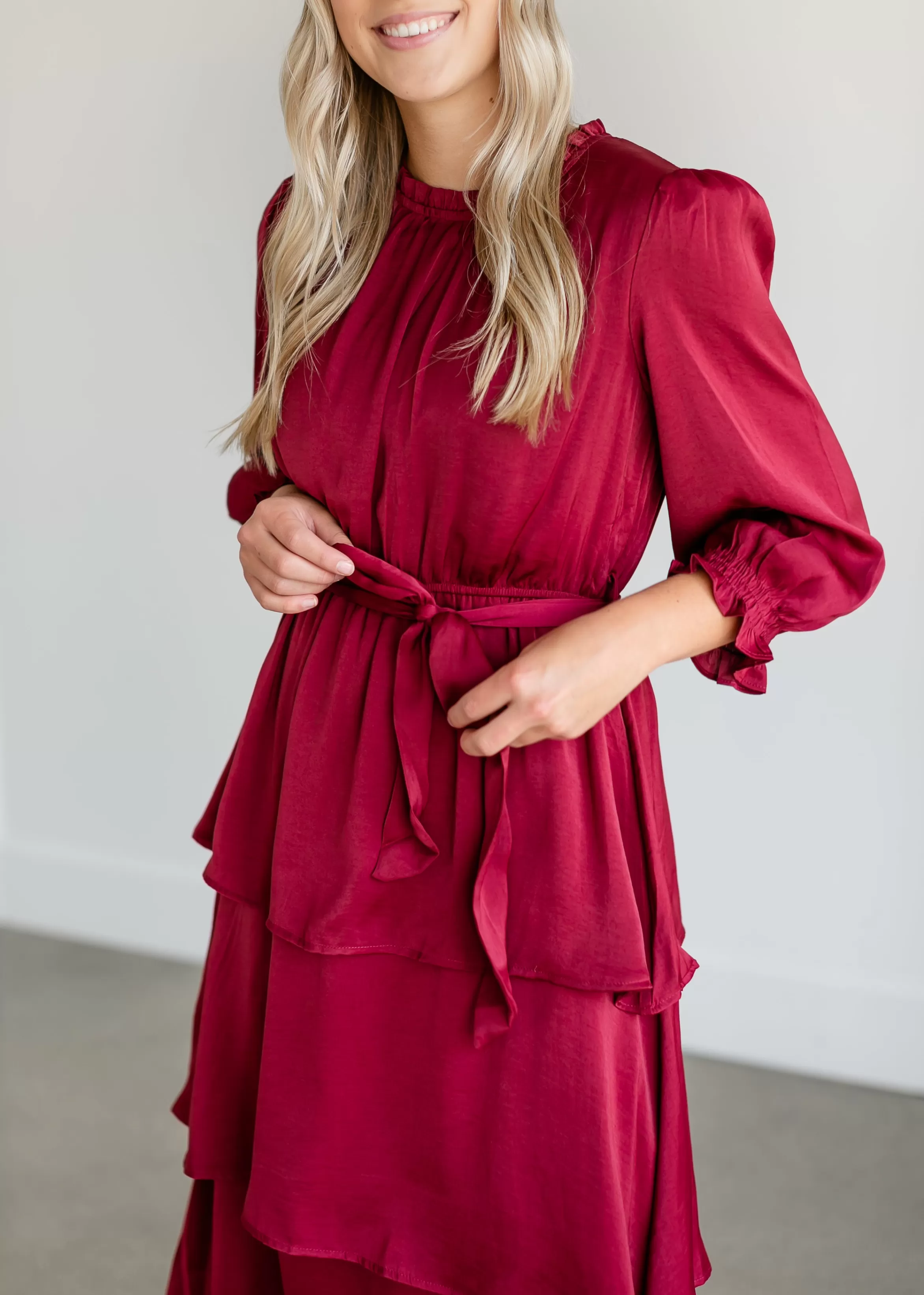 Tea N Rose Tiered 3/4 Sleeve Satin Midi Dress Shop