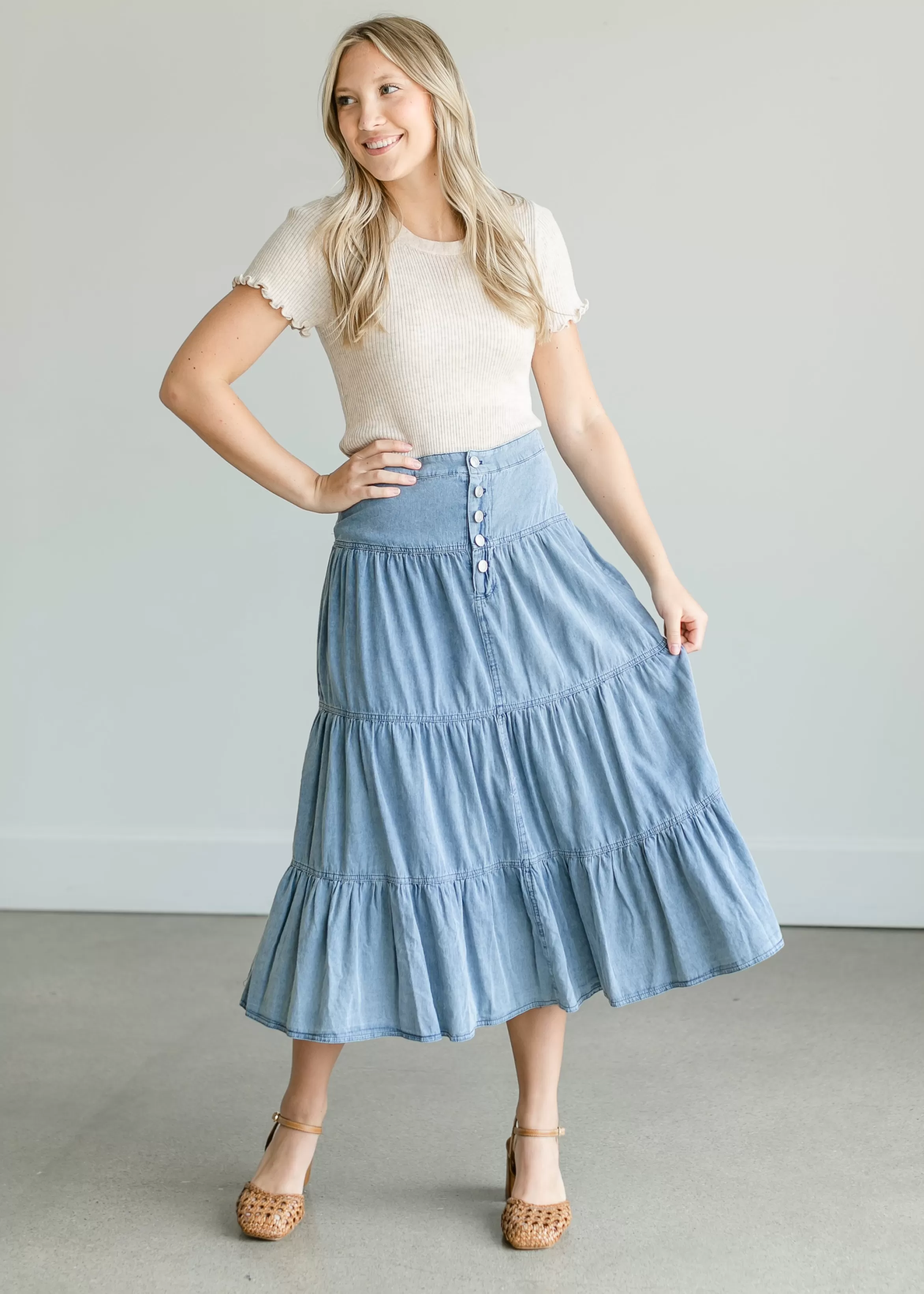 Vanilla Bay Tiered Chambray Blue Midi Skirt Sale