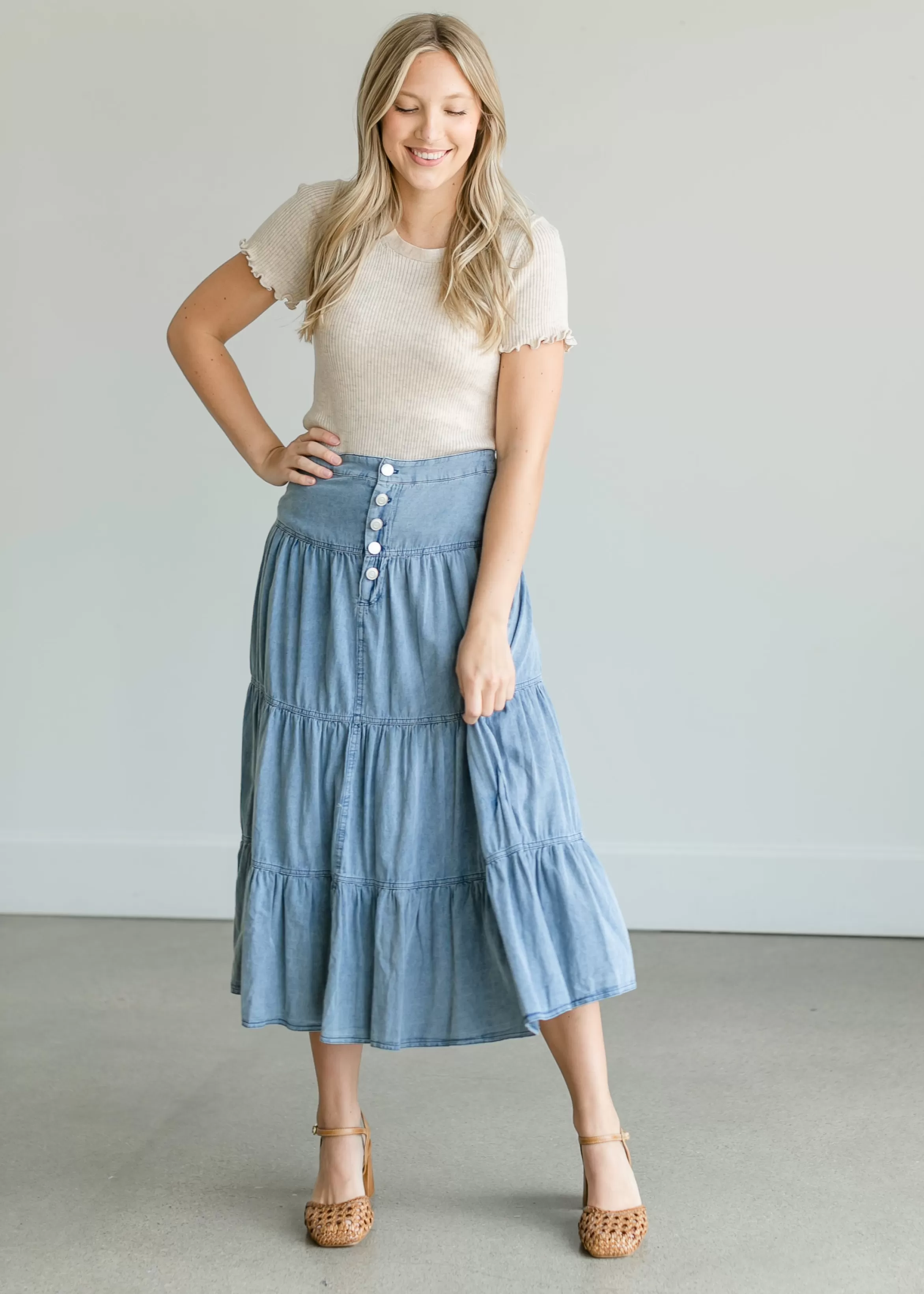 Vanilla Bay Tiered Chambray Blue Midi Skirt Sale