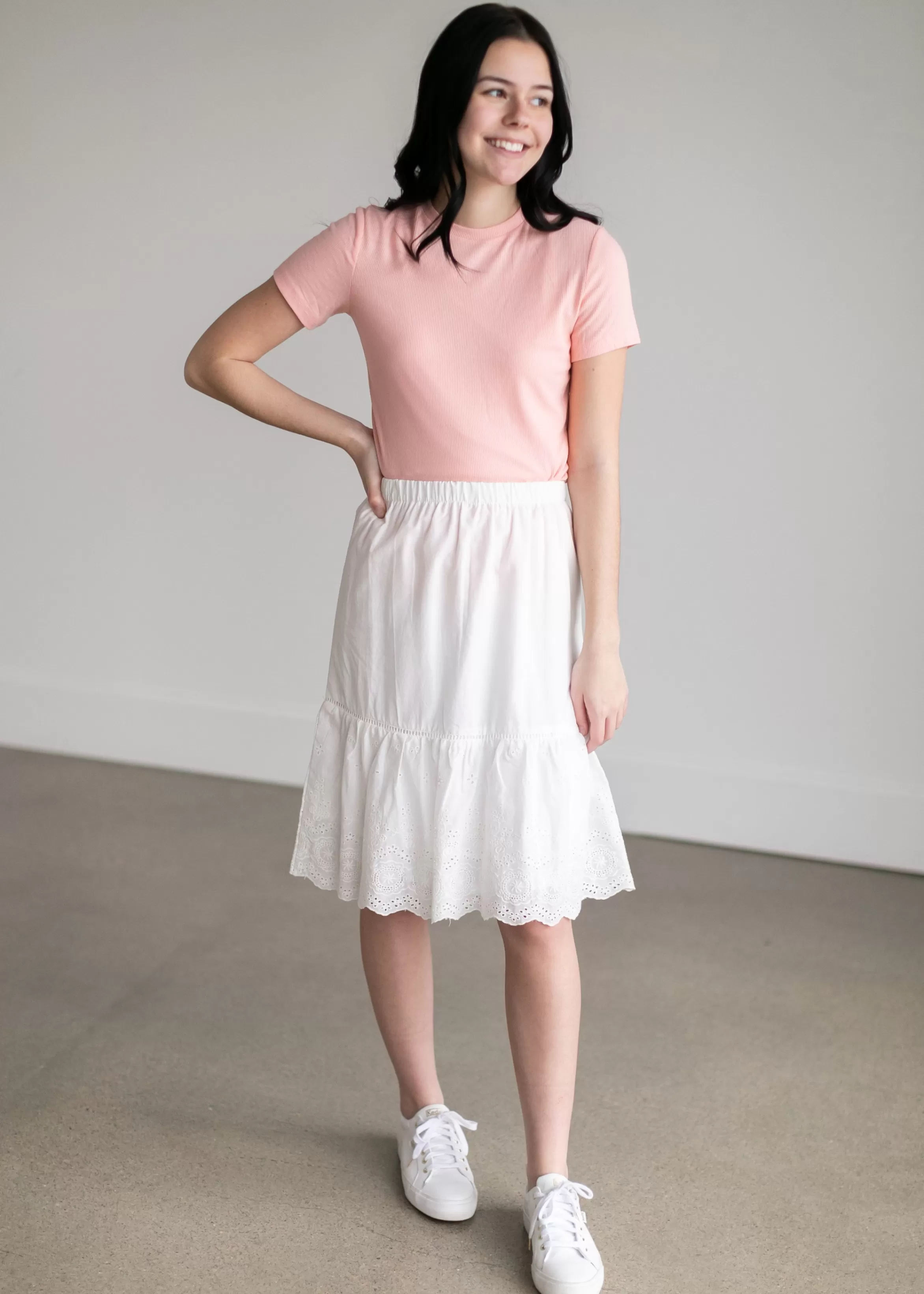 Mikarose Tiered White Eyelet Midi Skirt Sale