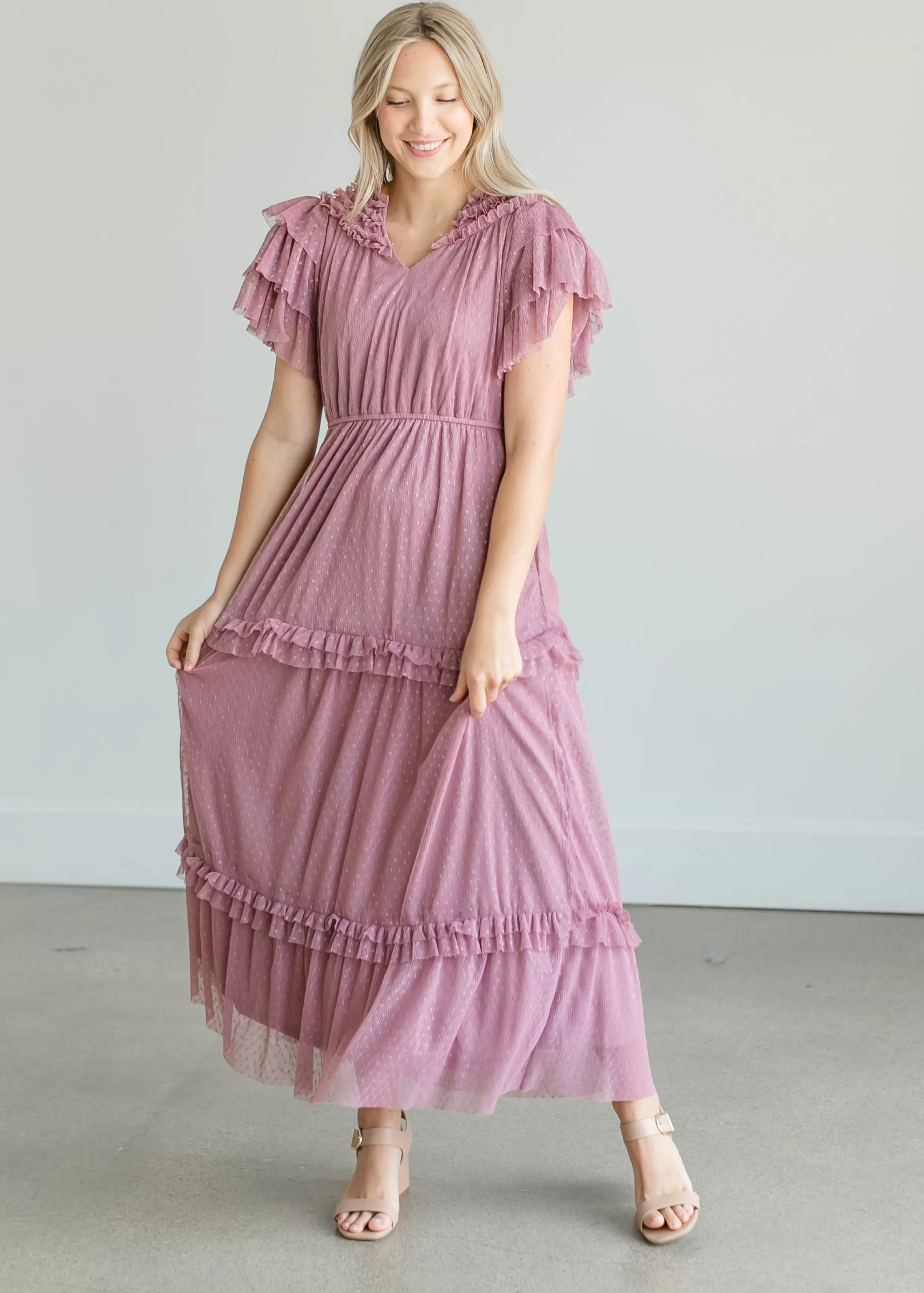 Tea N Rose Tulle Tiered Ruffle Midi Dress Discount