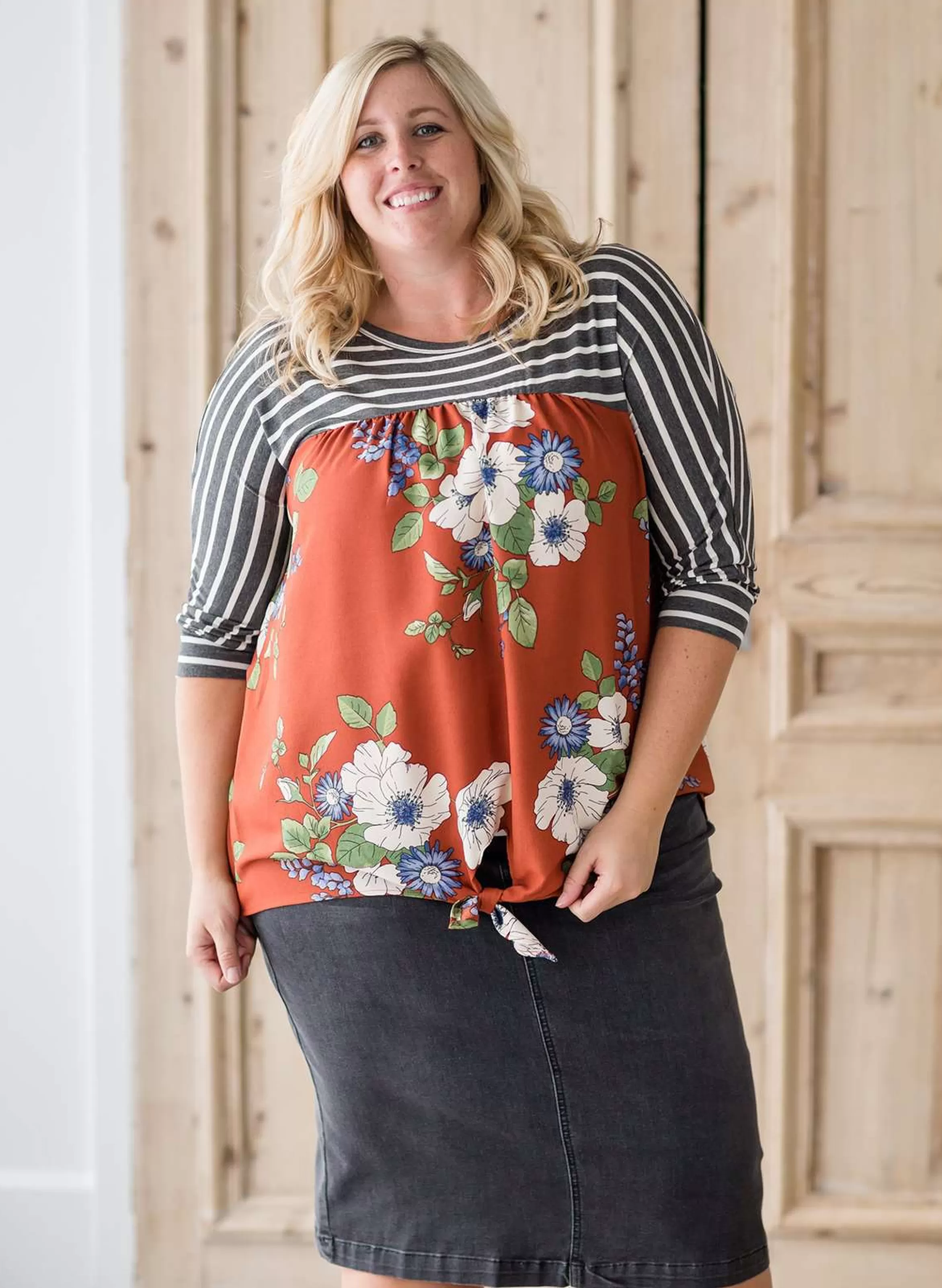 Oddi Women's Modest Striped Floral Mix Top | Inherit Clothing Company Clearance