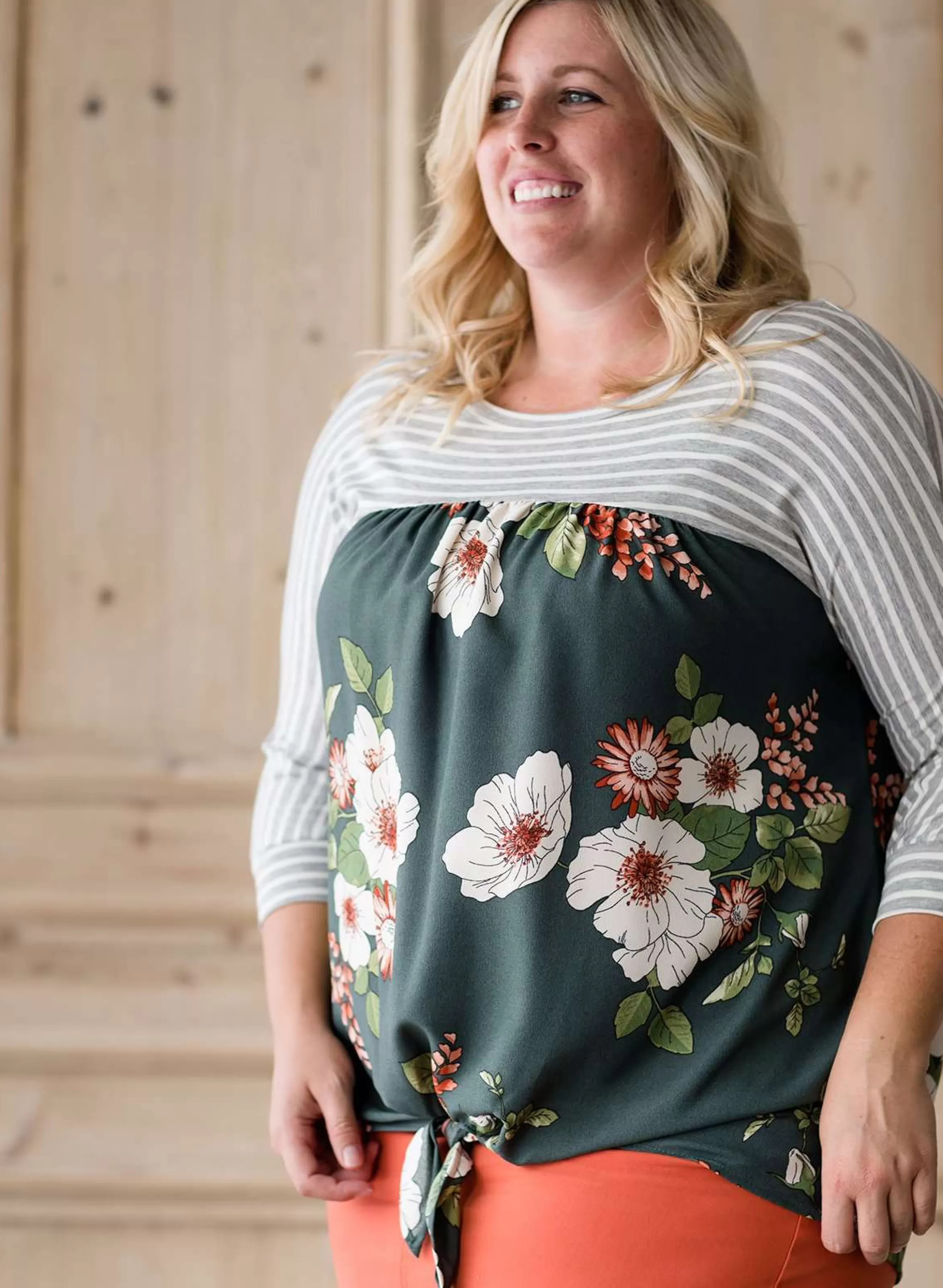 Oddi Women's Modest Striped Floral Mix Top | Inherit Clothing Company Clearance
